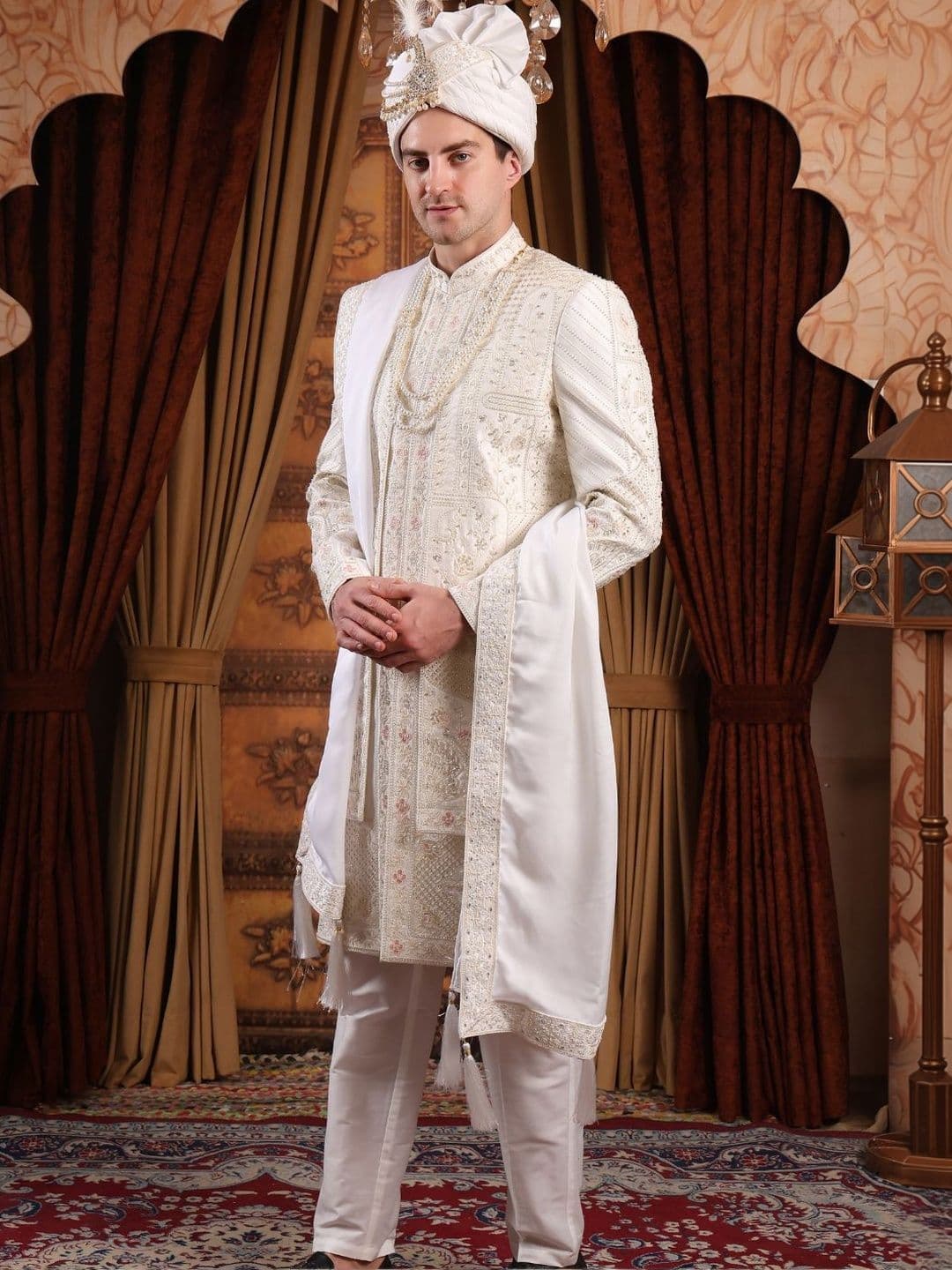 Dulha Ghar Embroidered Mandarin Collar Sherwani - view 1