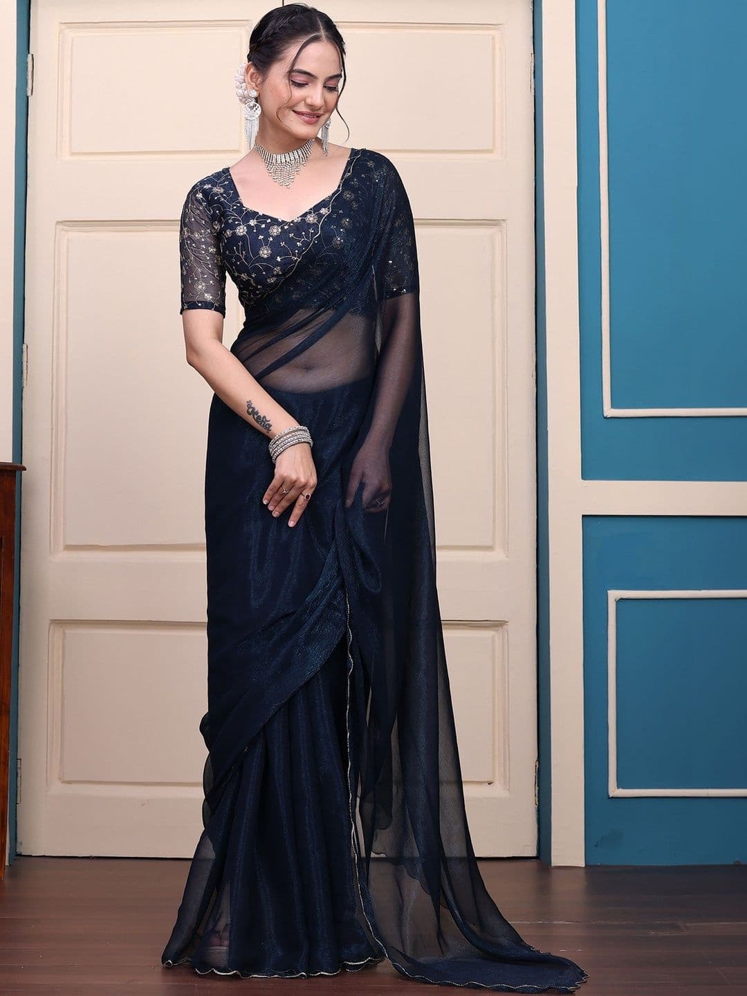 K 5 Fashion Embellished Embroidered Tissue Fusion Ilkal Saree - view 1