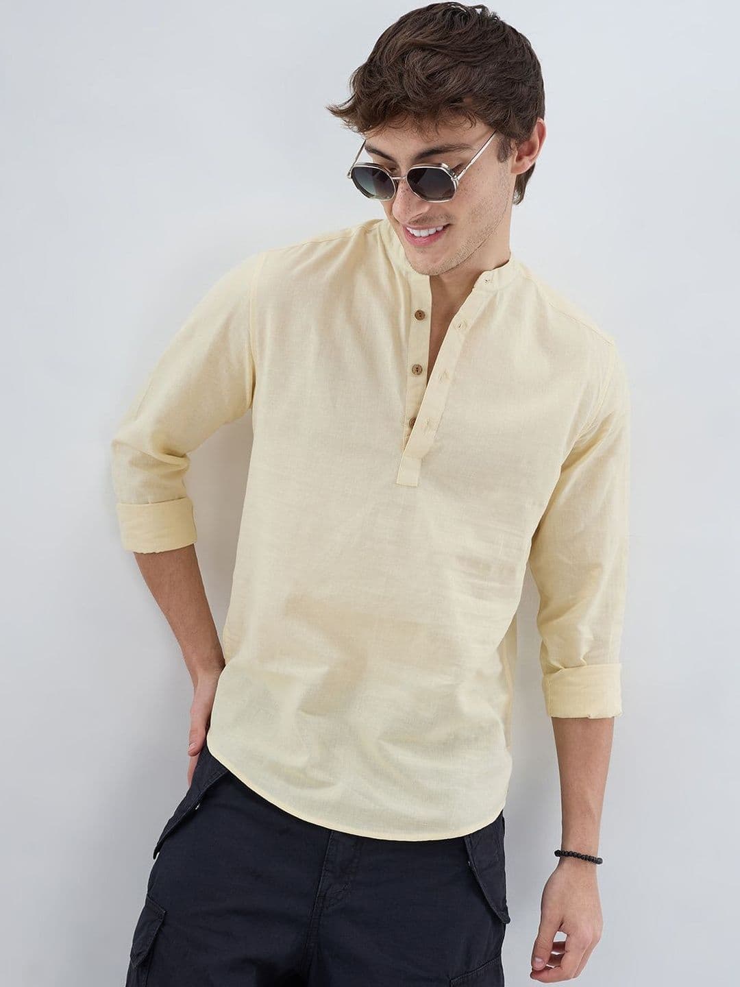 VASTRADO Premium Butter Yellow Linen Blend Kurta - view 1