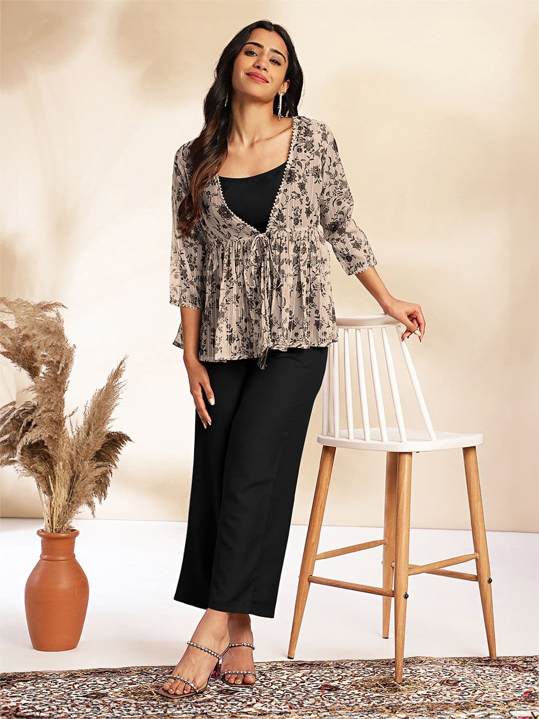 Janasya Women Solid Shoulder Straps Crop Top & Trousers with Floral Print Shrug - view 1