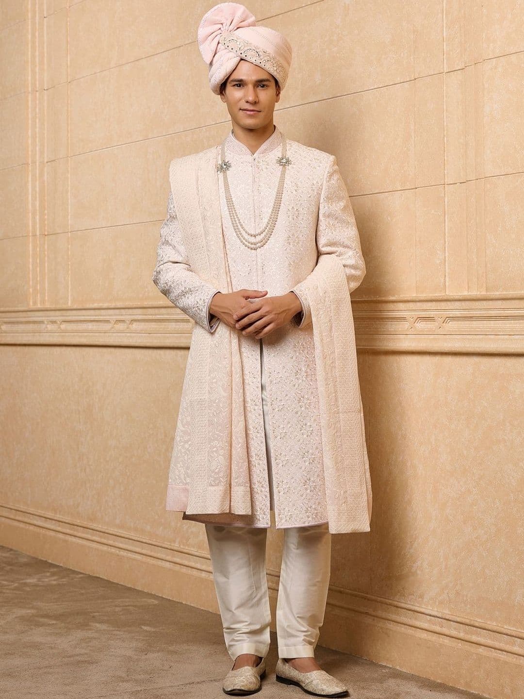 Tasva Embroidered Band Collar Sherwani - view 1