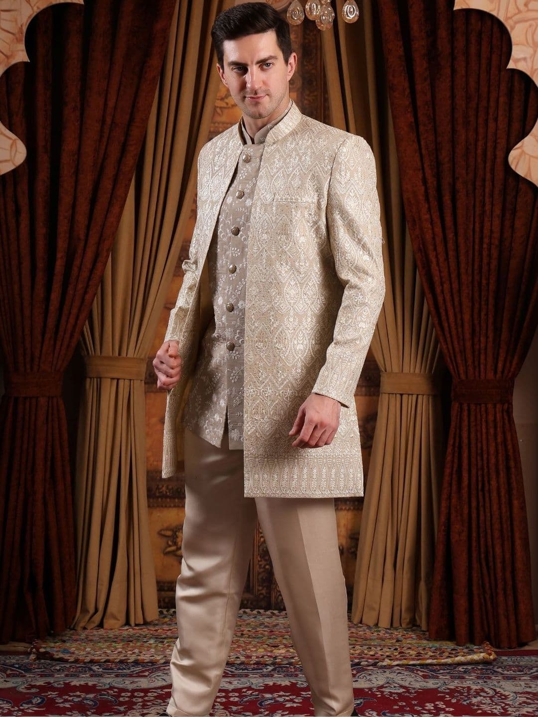 Dulha Ghar Embroidered Mandarin Collar Sherwani - view 1