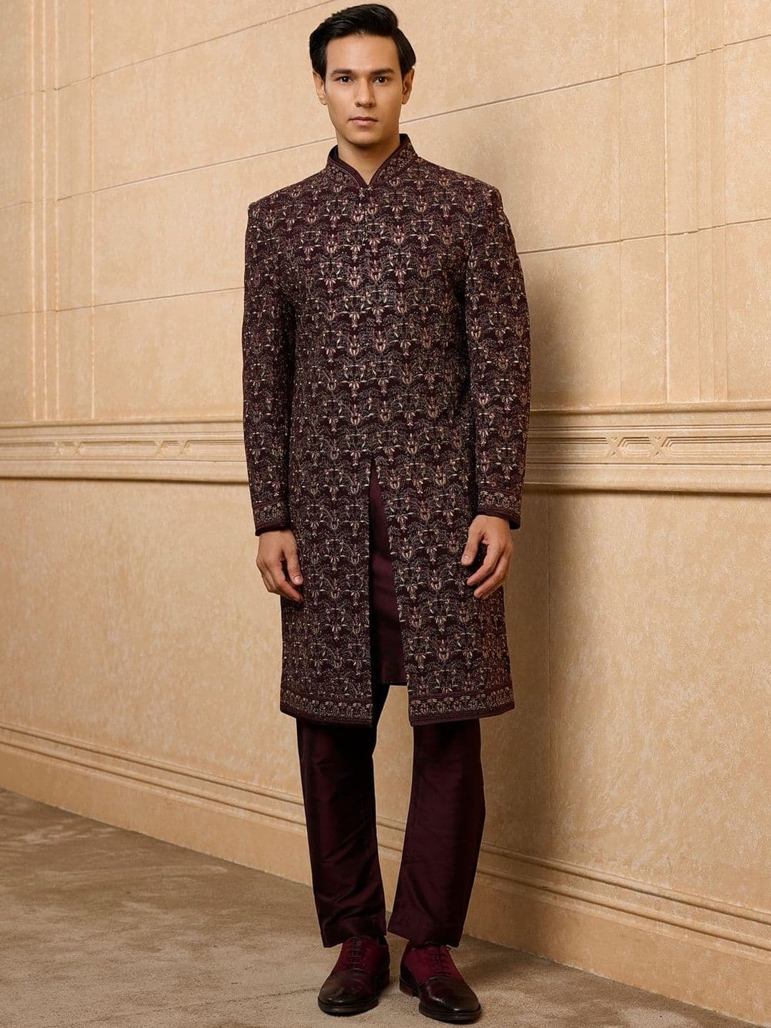 Tasva Men Embroidered Band Collar Sherwani - view 1