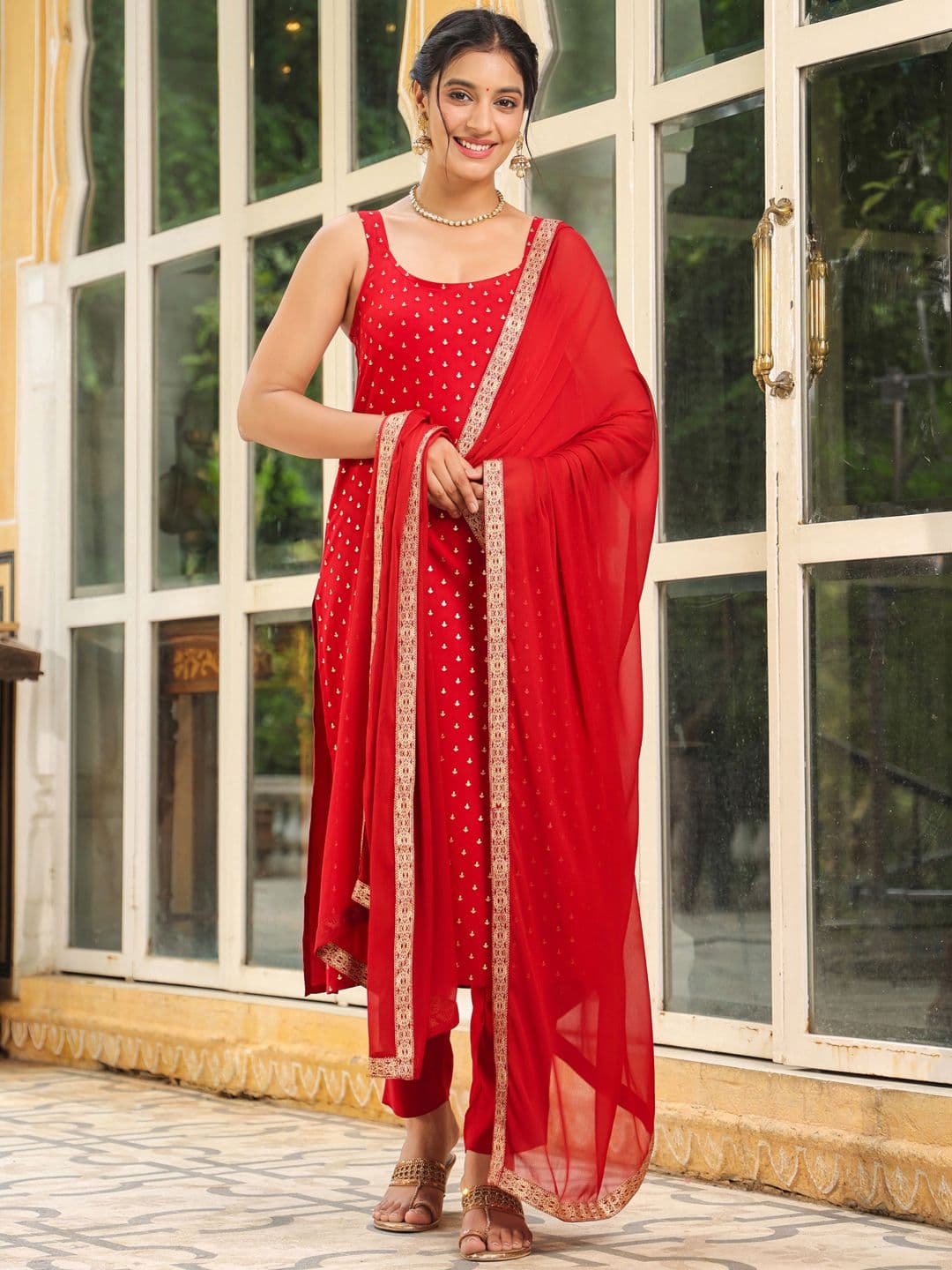 Janasya Women's Pink Georgette Embroidered Top With Pant & Cape Set - view 1