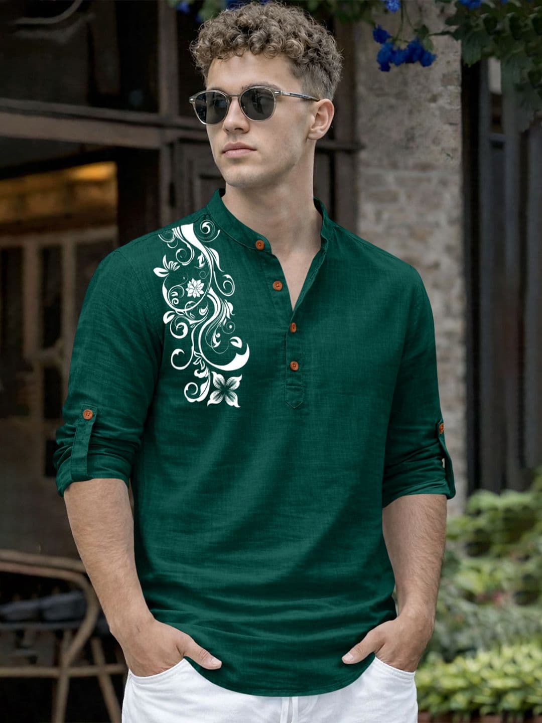 Fifth U Men Cotton Mandarin Collar Printed Kurta - view 1