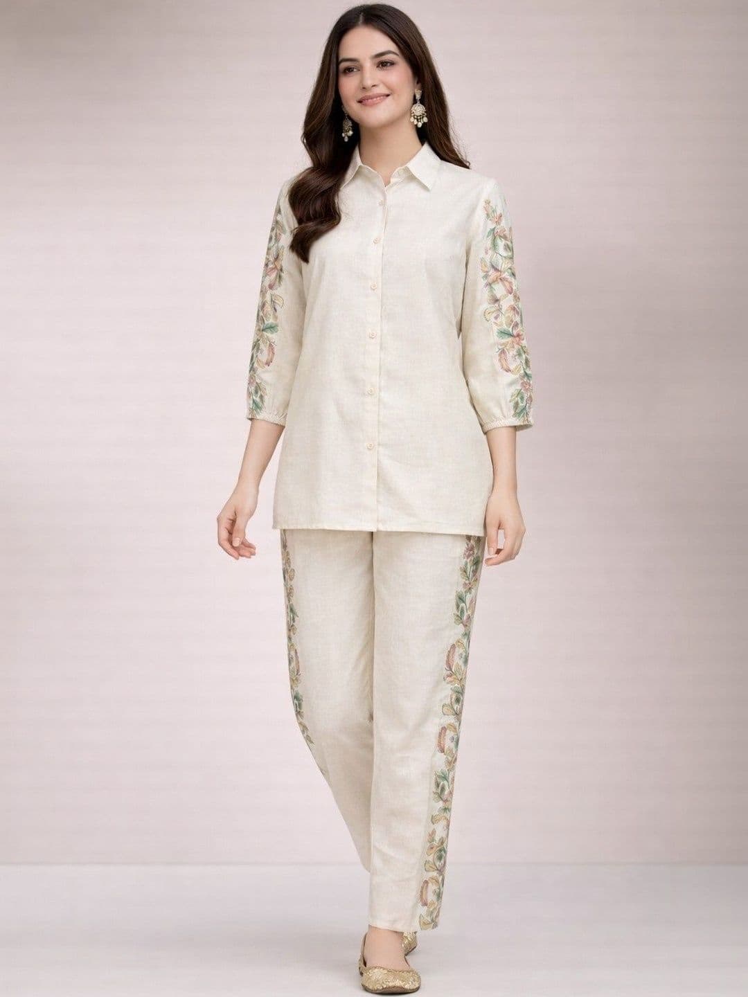 KROLIANT Women Embroidered Shirt Collar Shirt With Trousers - view 1
