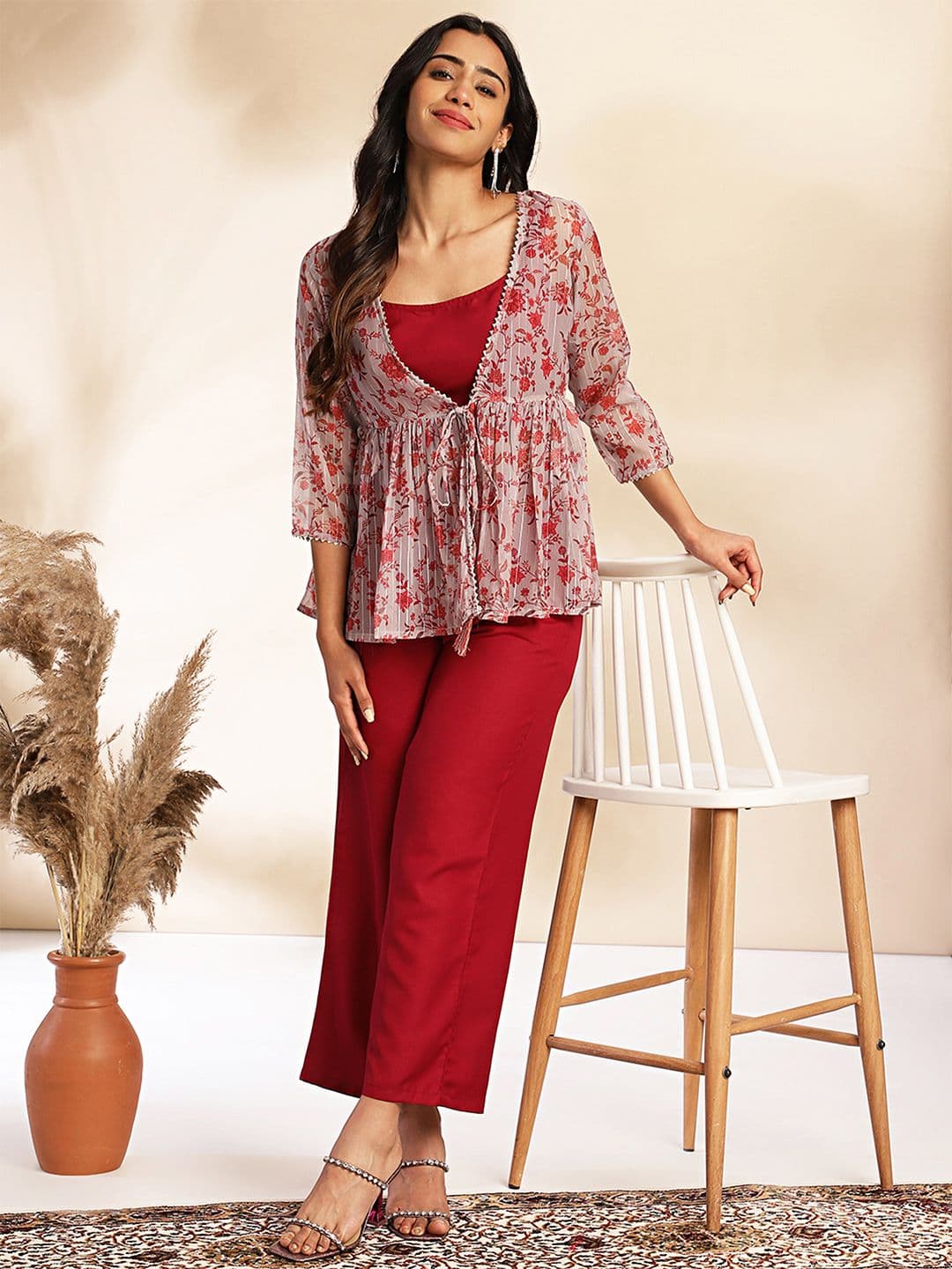 Janasya Women Solid Shoulder Straps Crop Top & Trousers with Floral Print Shrug - view 1