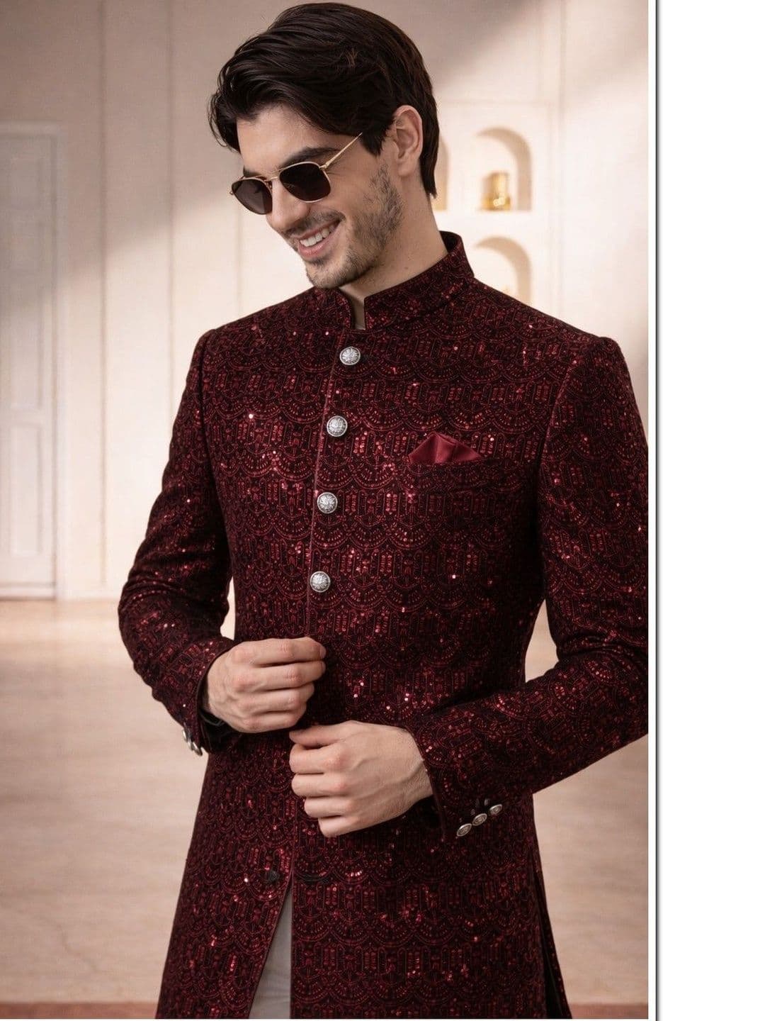 House of Pataudi Self Design Mandarin Collar Sherwani With Trousers - view 1