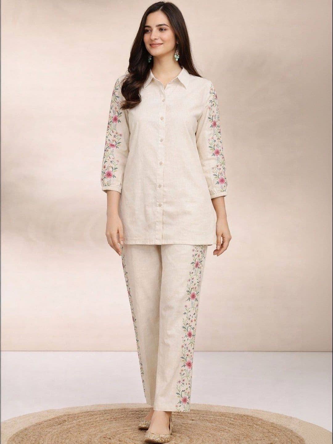 KROLIANT Women Embroidered Shirt Collar Shirt With Trousers - view 1