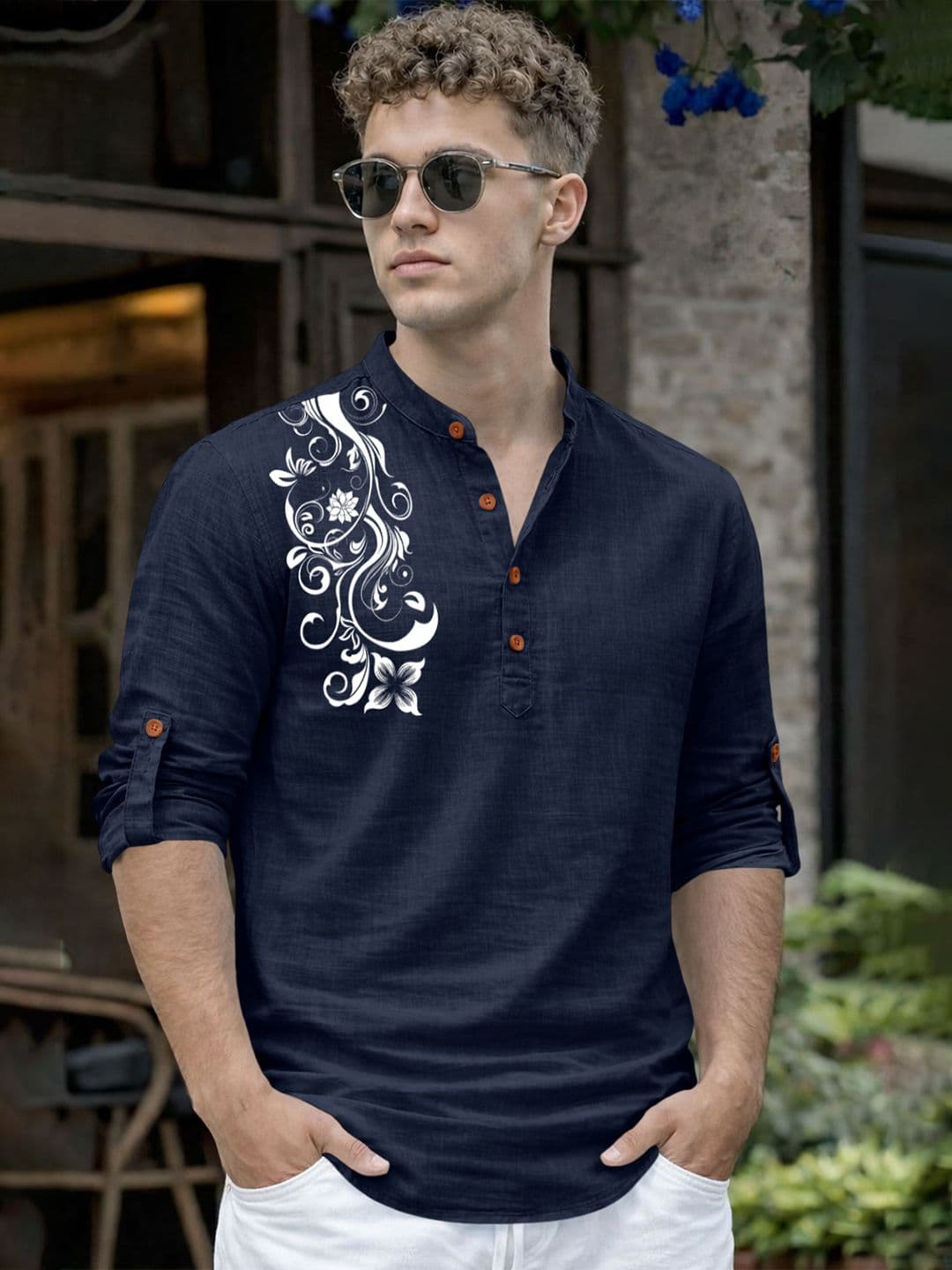Fifth U Men Cotton Mandarin Collar Printed Kurta - view 1