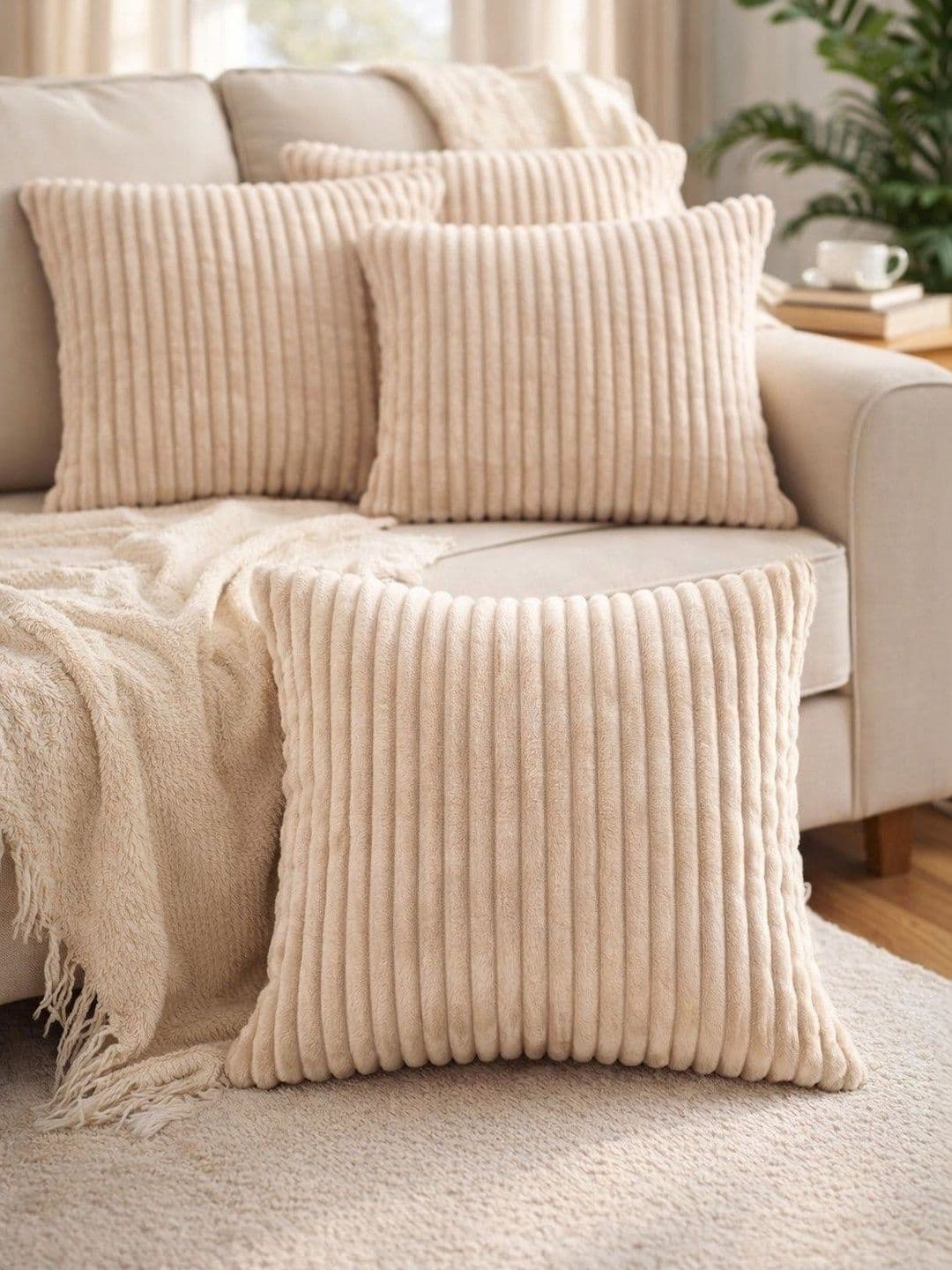 LOFEY Beige Set of 5 Striped Velvet Square Cushion Covers - view 1