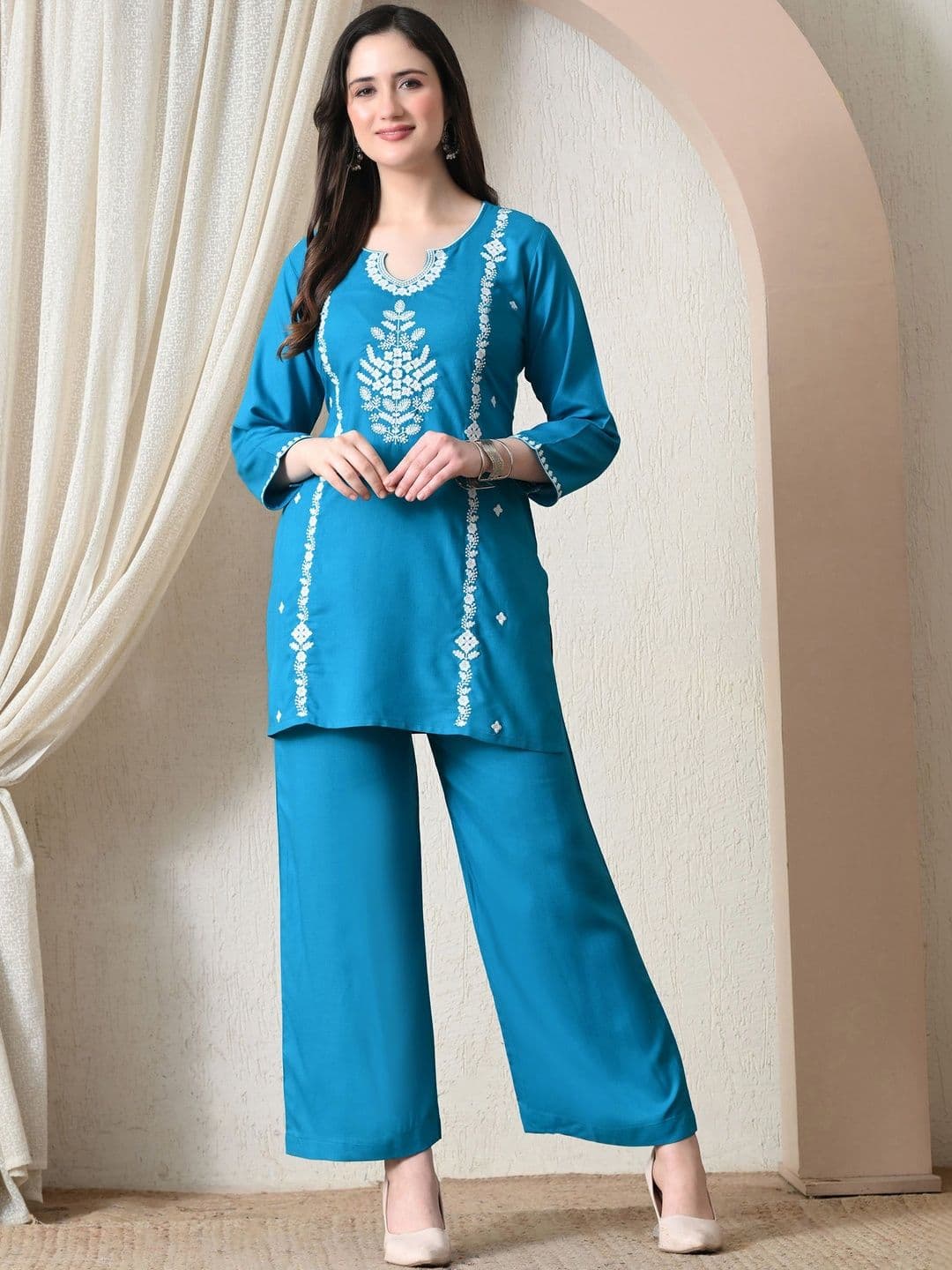 ROSHNI Women Floral Embroidered Scoop Neck Viscose Rayon Tunic With Trouser - view 1
