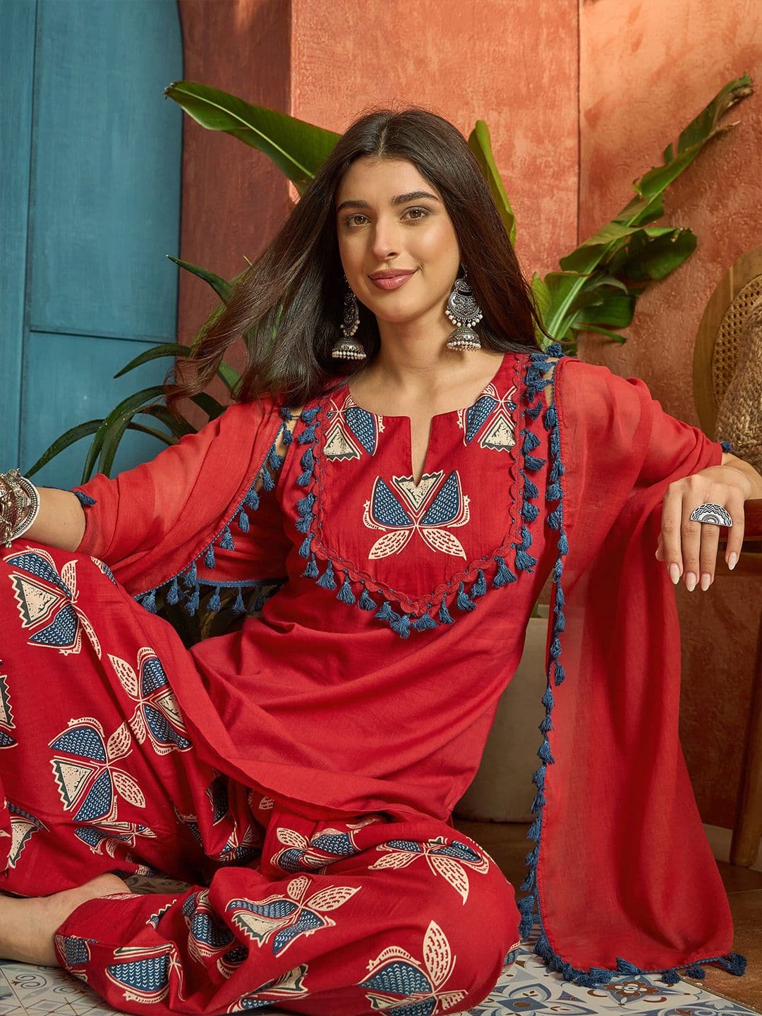 Stylum Women Regular Red Pure Cotton Kurti With Farshi Salwar & Dupatta - view 1