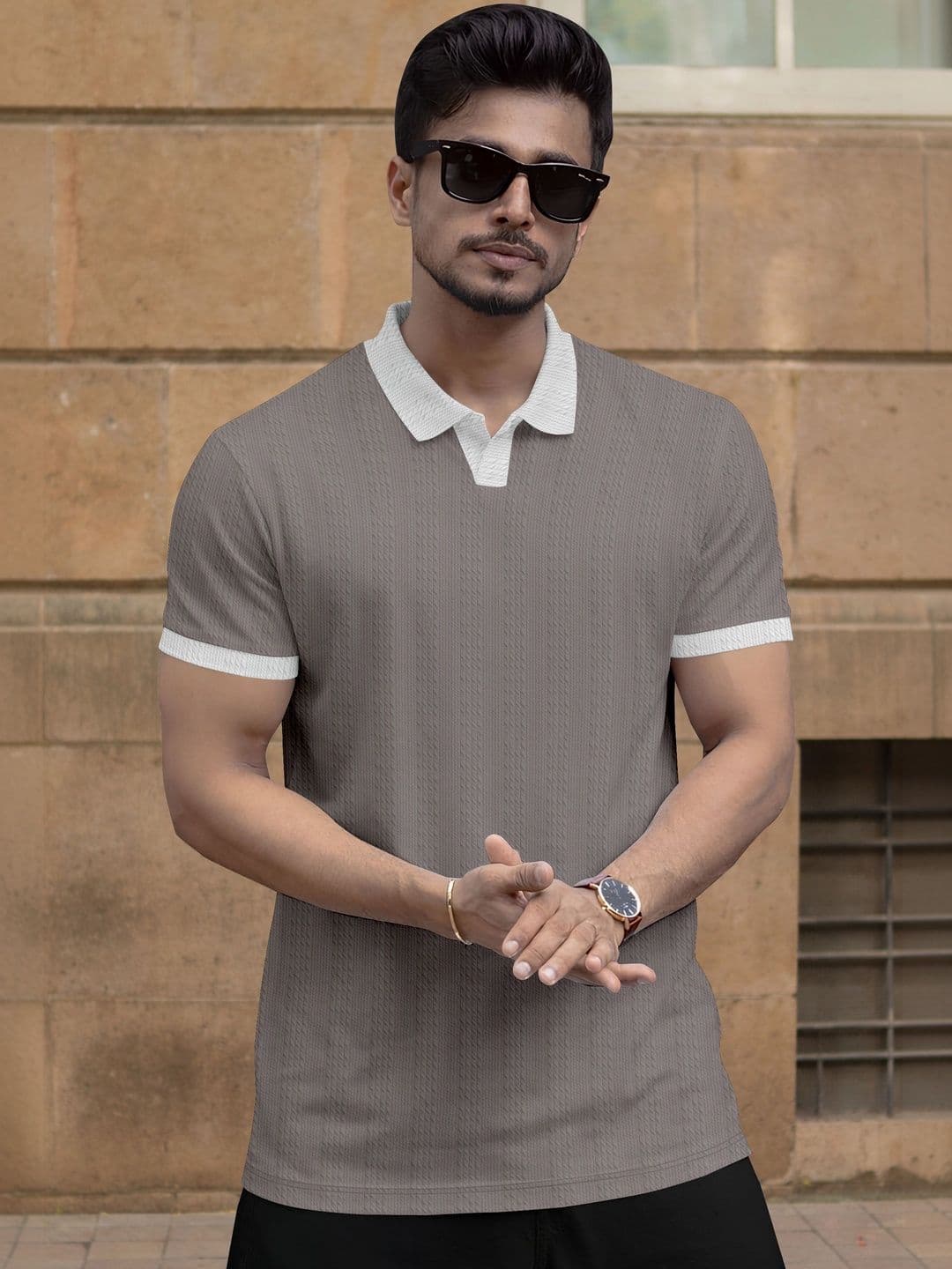 MODALEN Men Textured Polo V-neck Cotrast Collar Tshirts - view 1