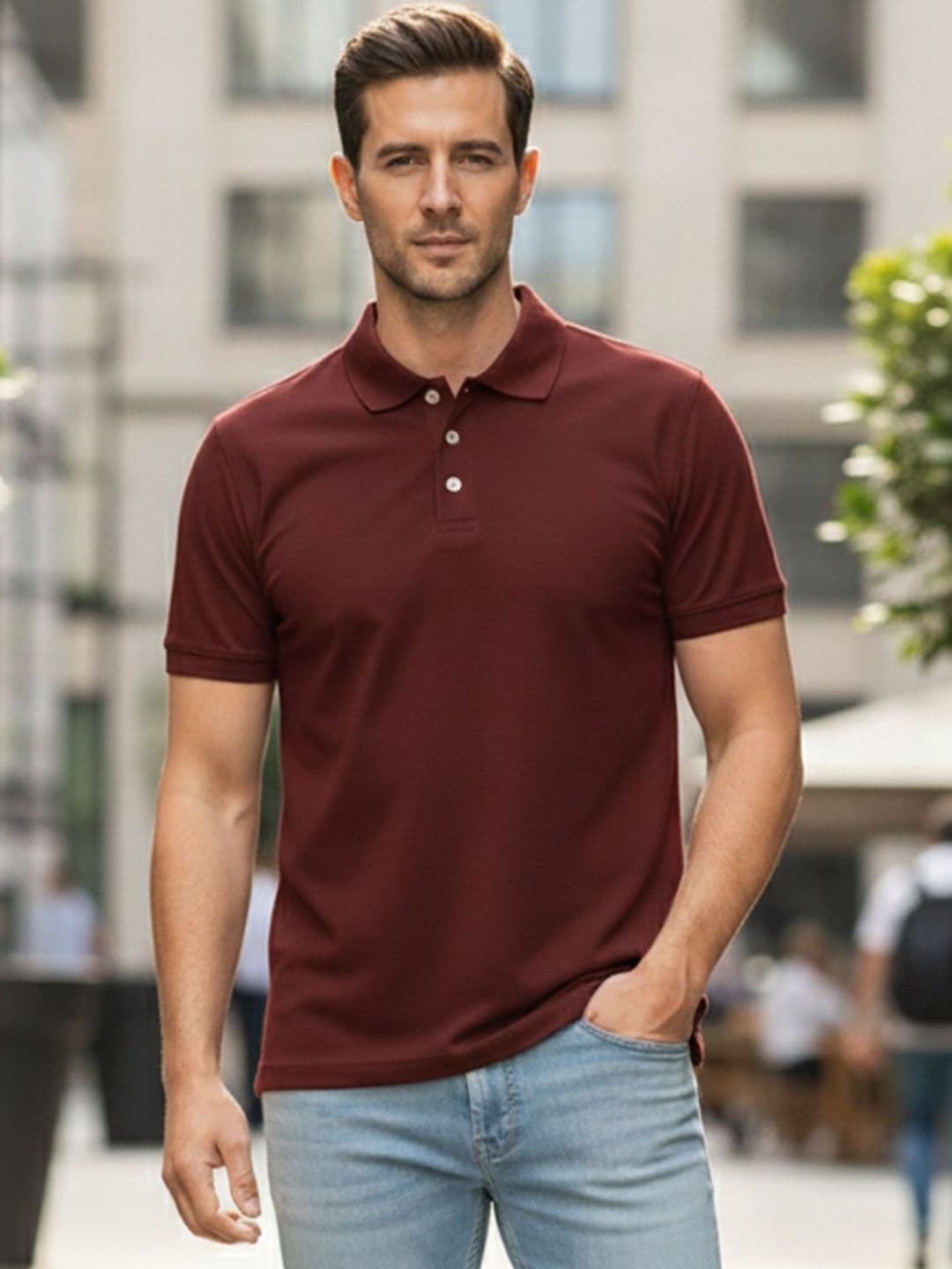 ST Trends Men Plain Polo Neck Half Sleeve Cotton Blend Maroon Tshirts - view 1