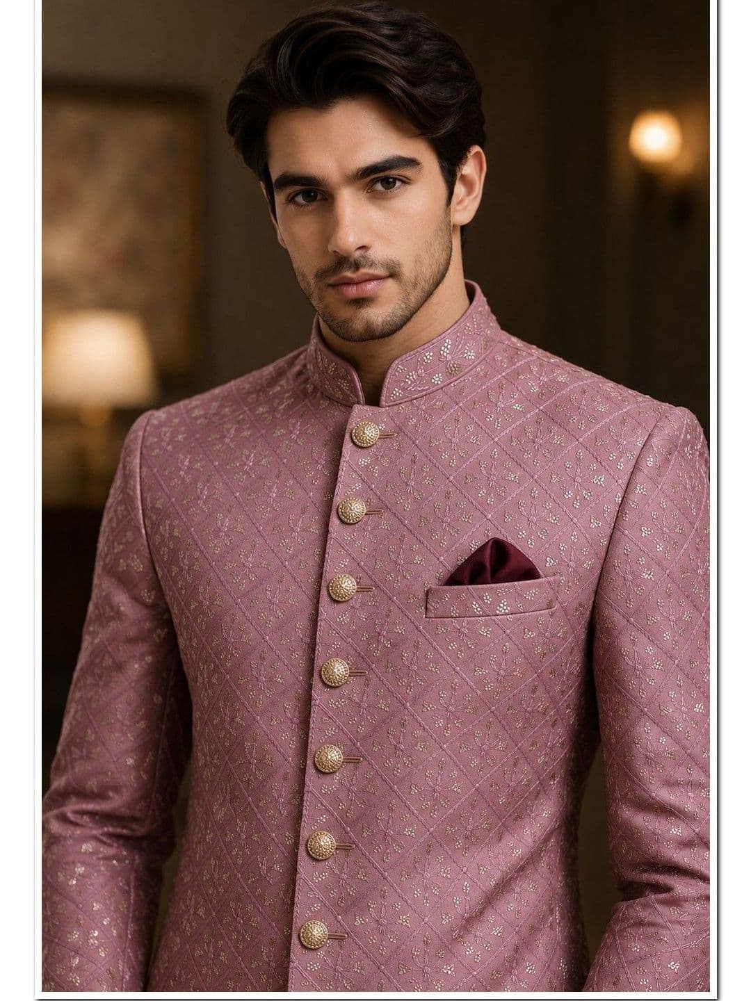 House of Pataudi Self Design Mandarin Collar Sherwani - view 1