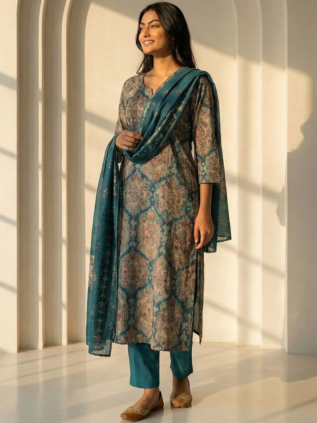AANVI Women Ethnic Motifs Printed Regular Chanderi Silk Kurta with Trousers & With Dupatta - view 1
