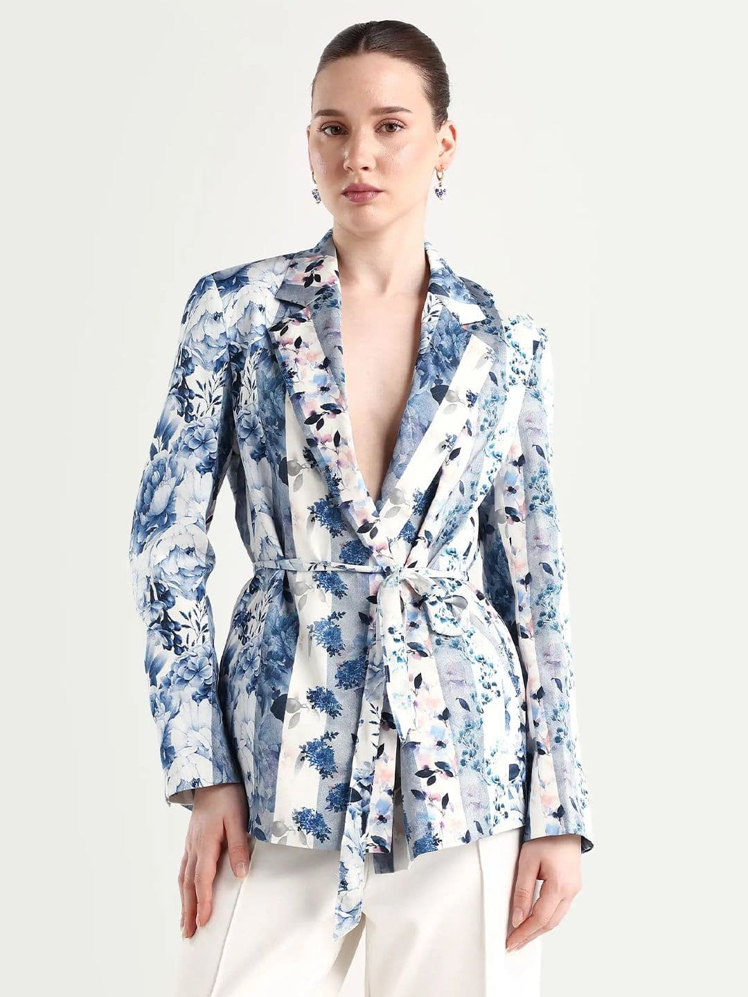 RAREISM Women Blue Lapel Neck Tailored Fit Floral Print Blazer - view 1