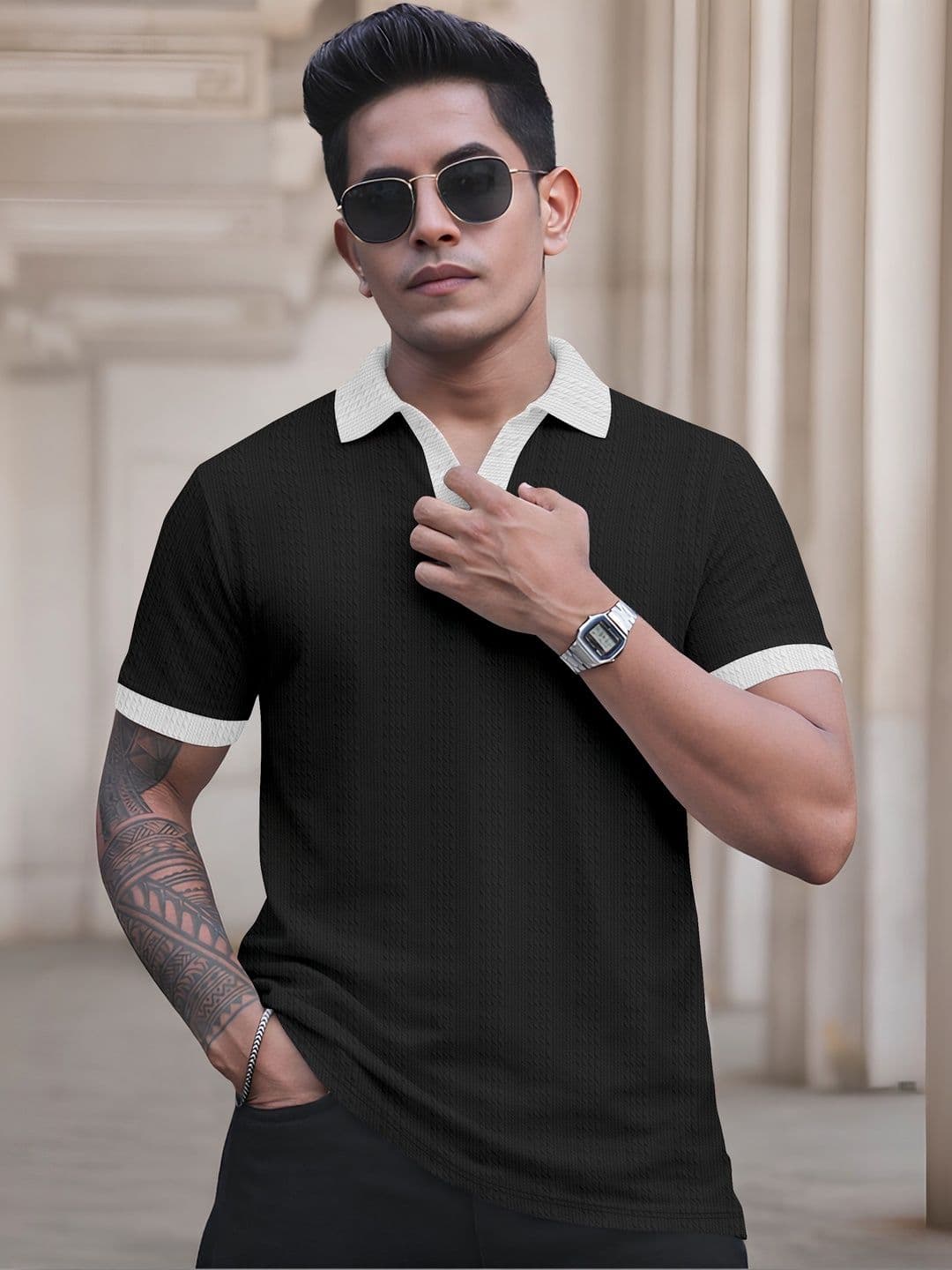 MODALEN Men Textured Polo V-neck Cotrast Collar Tshirts - view 1