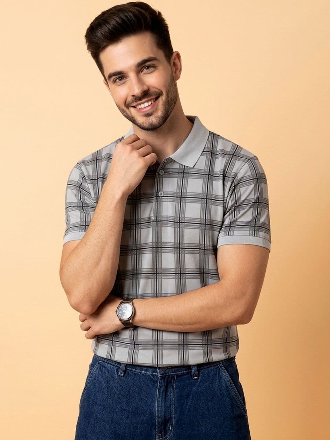 CLOUD COTTON Men Checked Polo Collar T-shirt - view 1