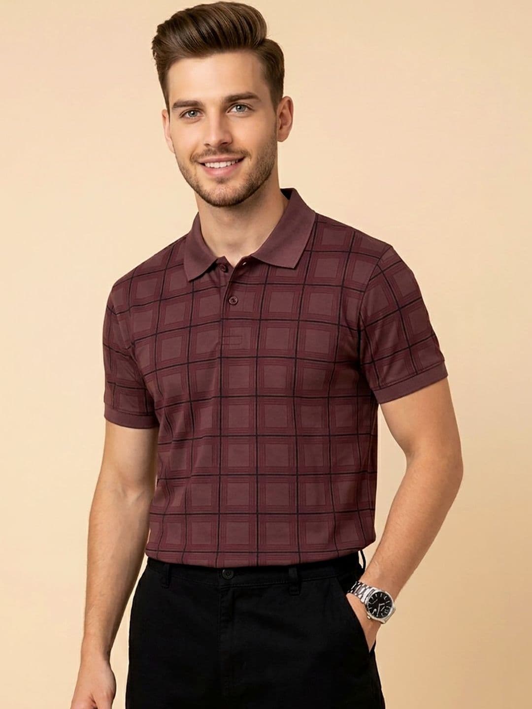 CLOUD COTTON Men Checked Polo Collar T-shirt - view 1