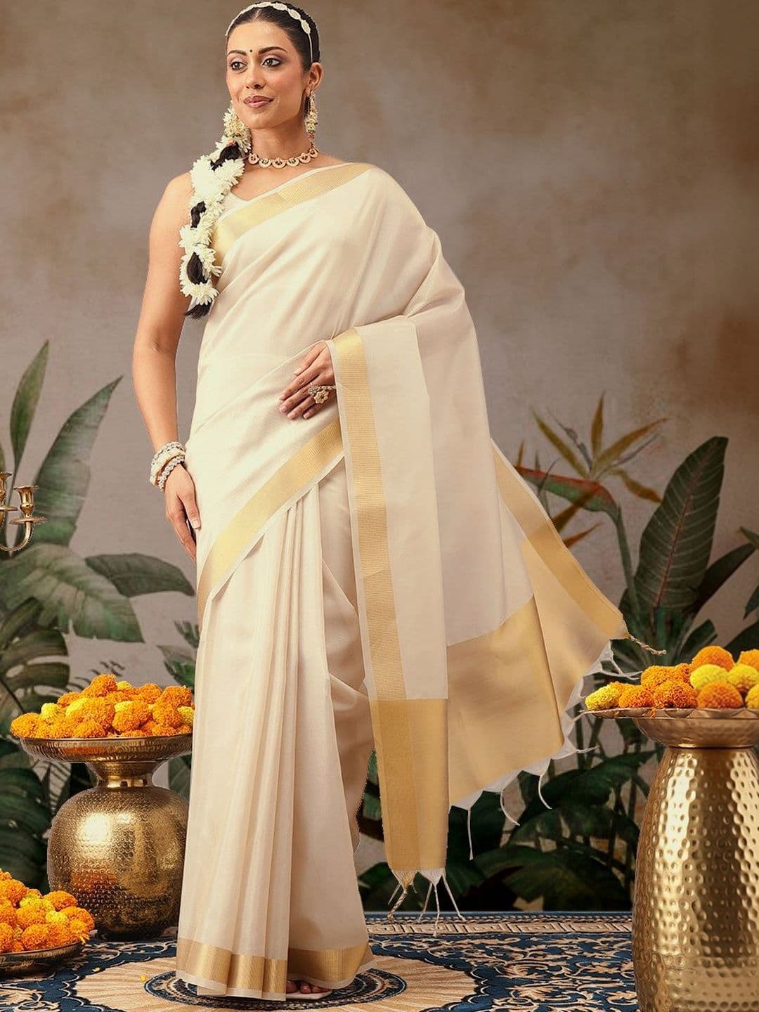Silk Land Woven Design Zari Silk Blend Fusion Kasavu Saree - view 1