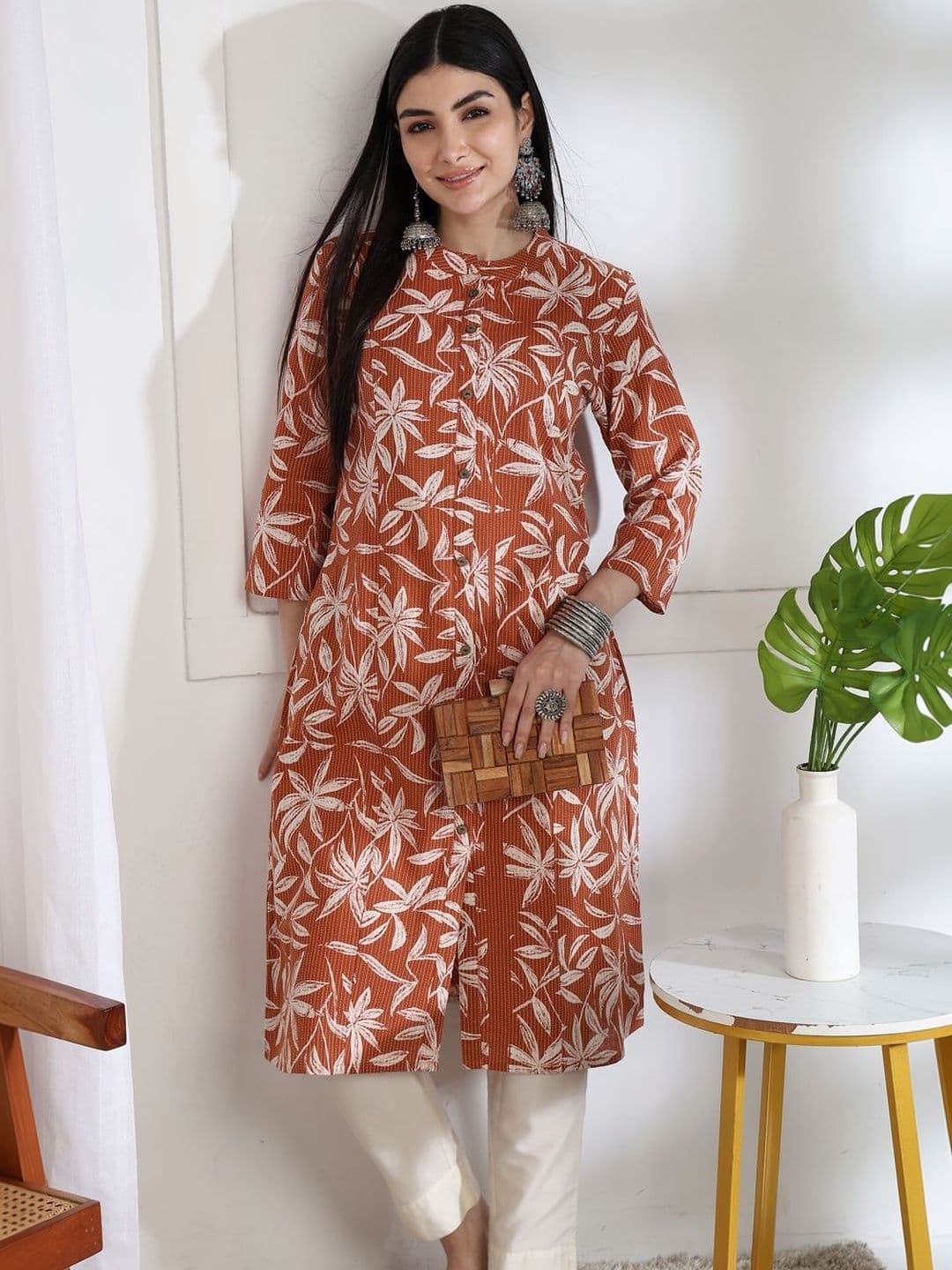 KALINI Women Floral Printed Thread Work Block Print Pure Cotton Kurta - view 1