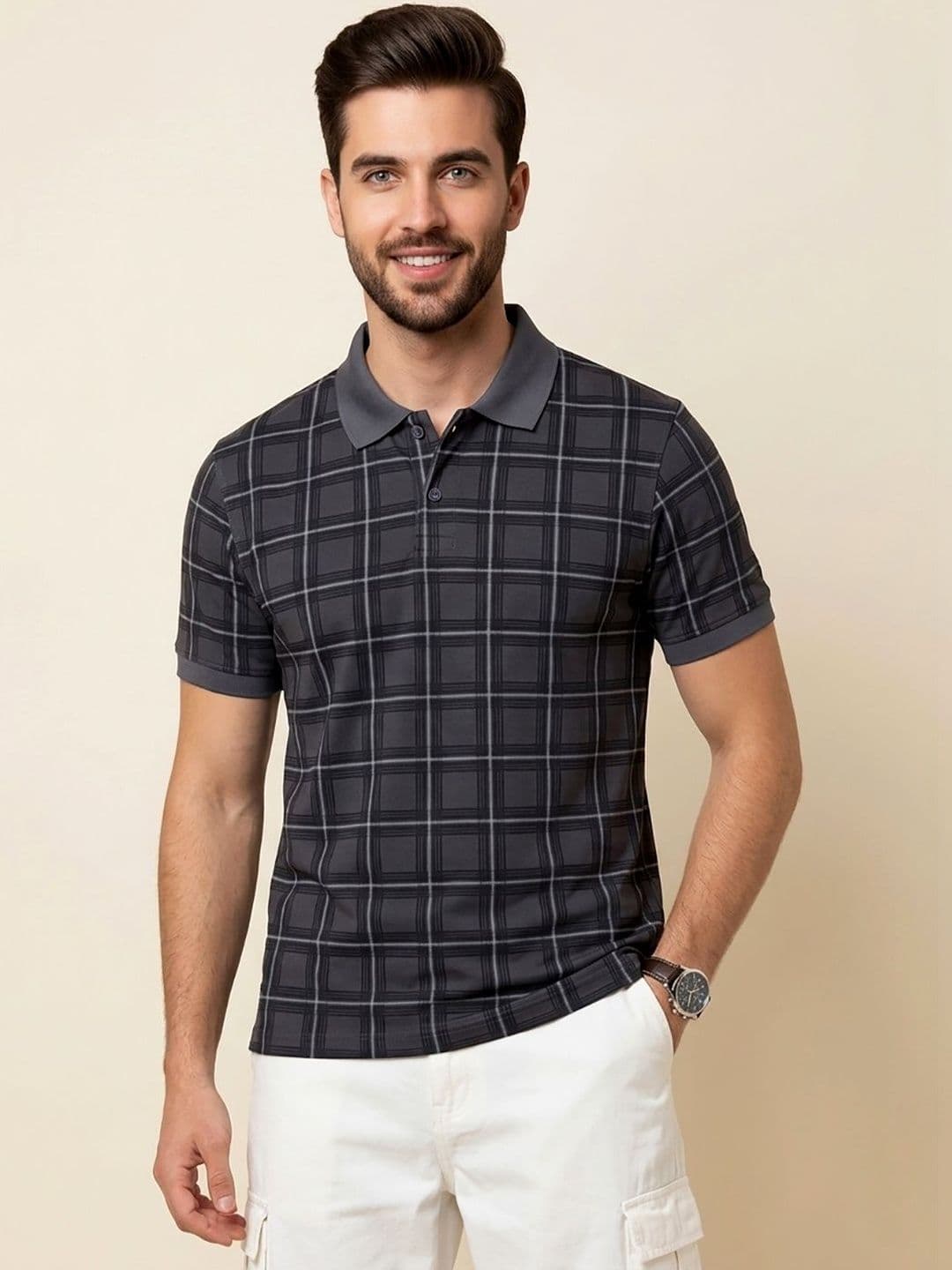 CLOUD COTTON Men Checked Polo Collar T-shirt - view 1