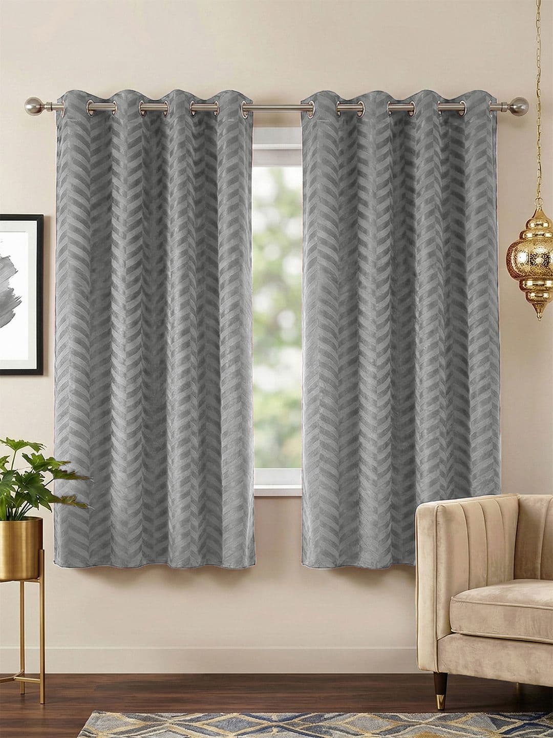 Story@home Grey Melange Set of 2 Geometric Room Darkening Window Curtain - view 1