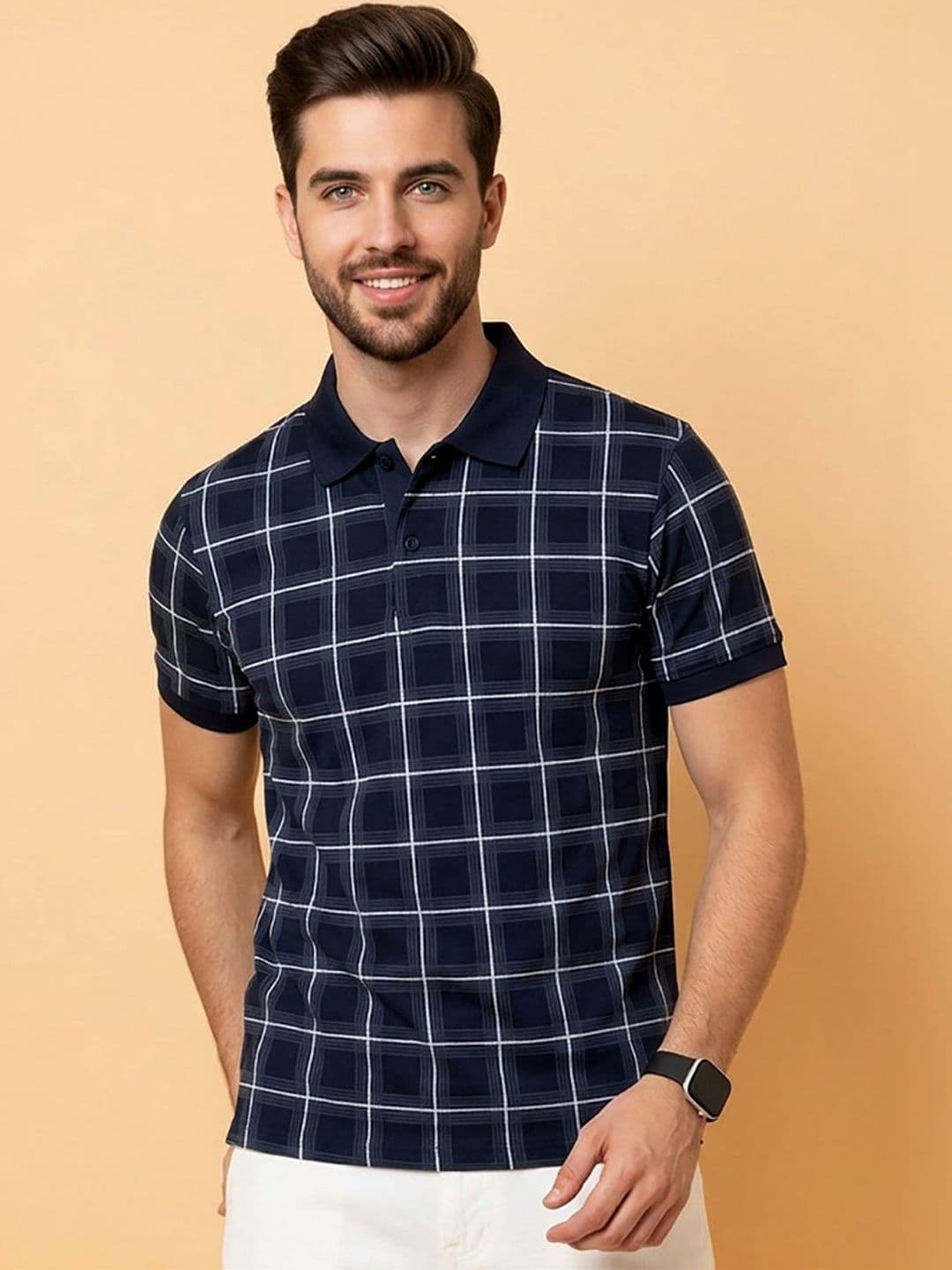 CLOUD COTTON Men Checked Polo Collar T-shirt - view 1