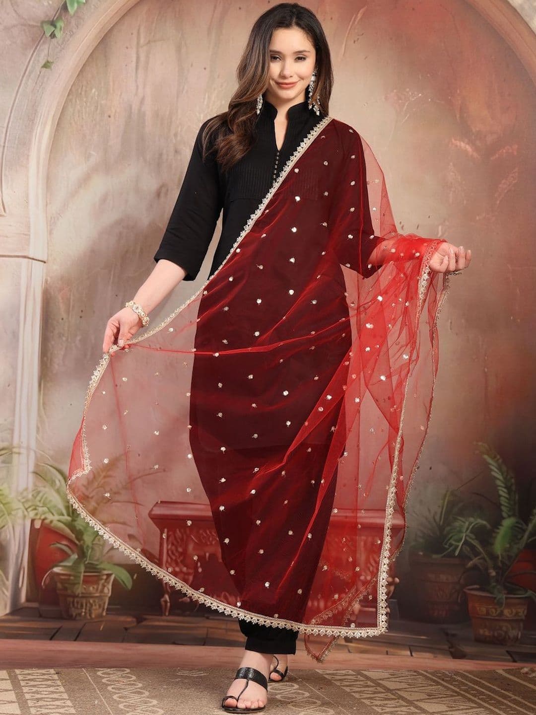 Clora Creation Ethnic Motifs Embroidered Dupatta with Gotta Patti - view 1