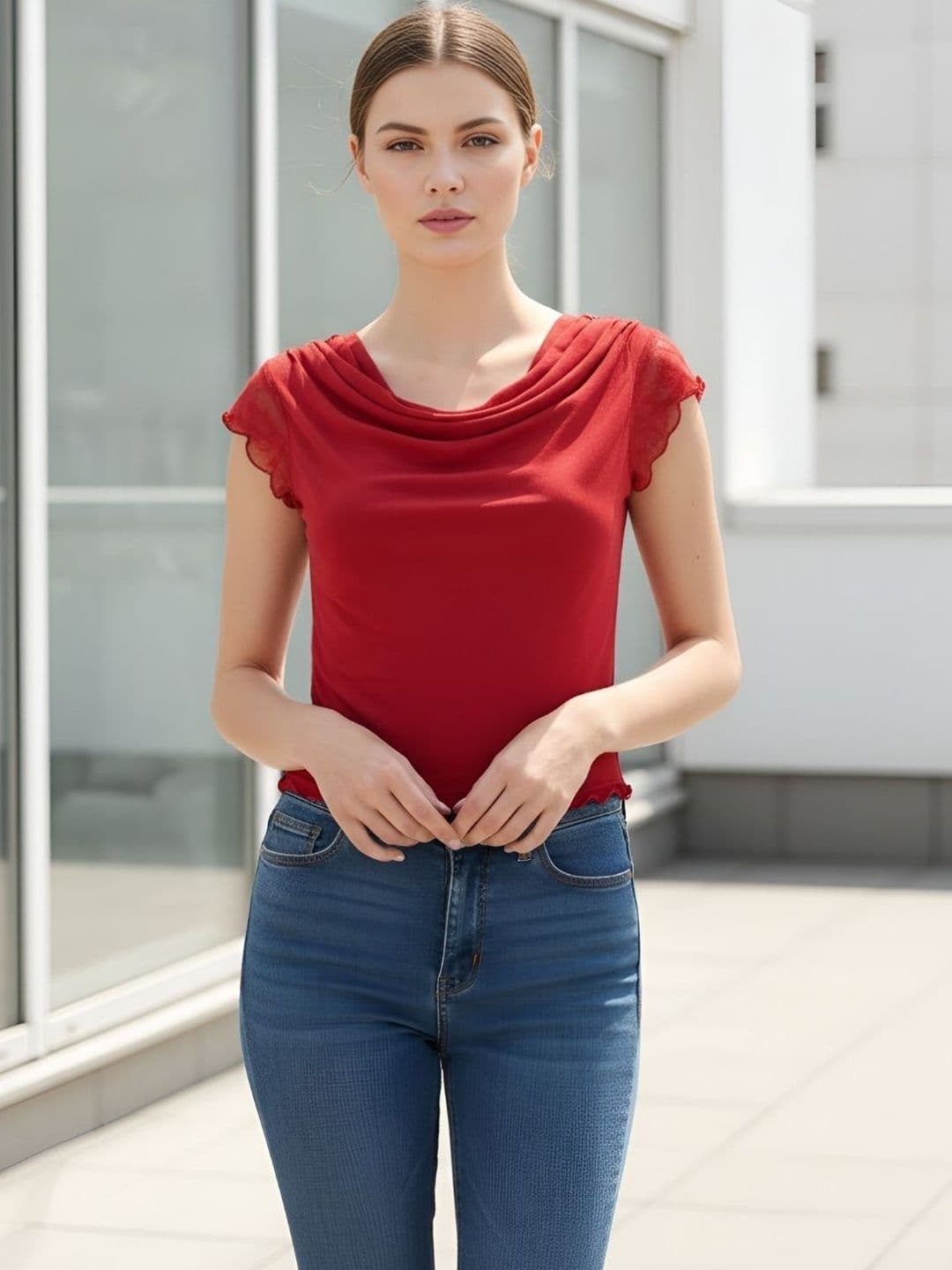 STYLOBABE Cowl Neck Net Crop Top - view 1