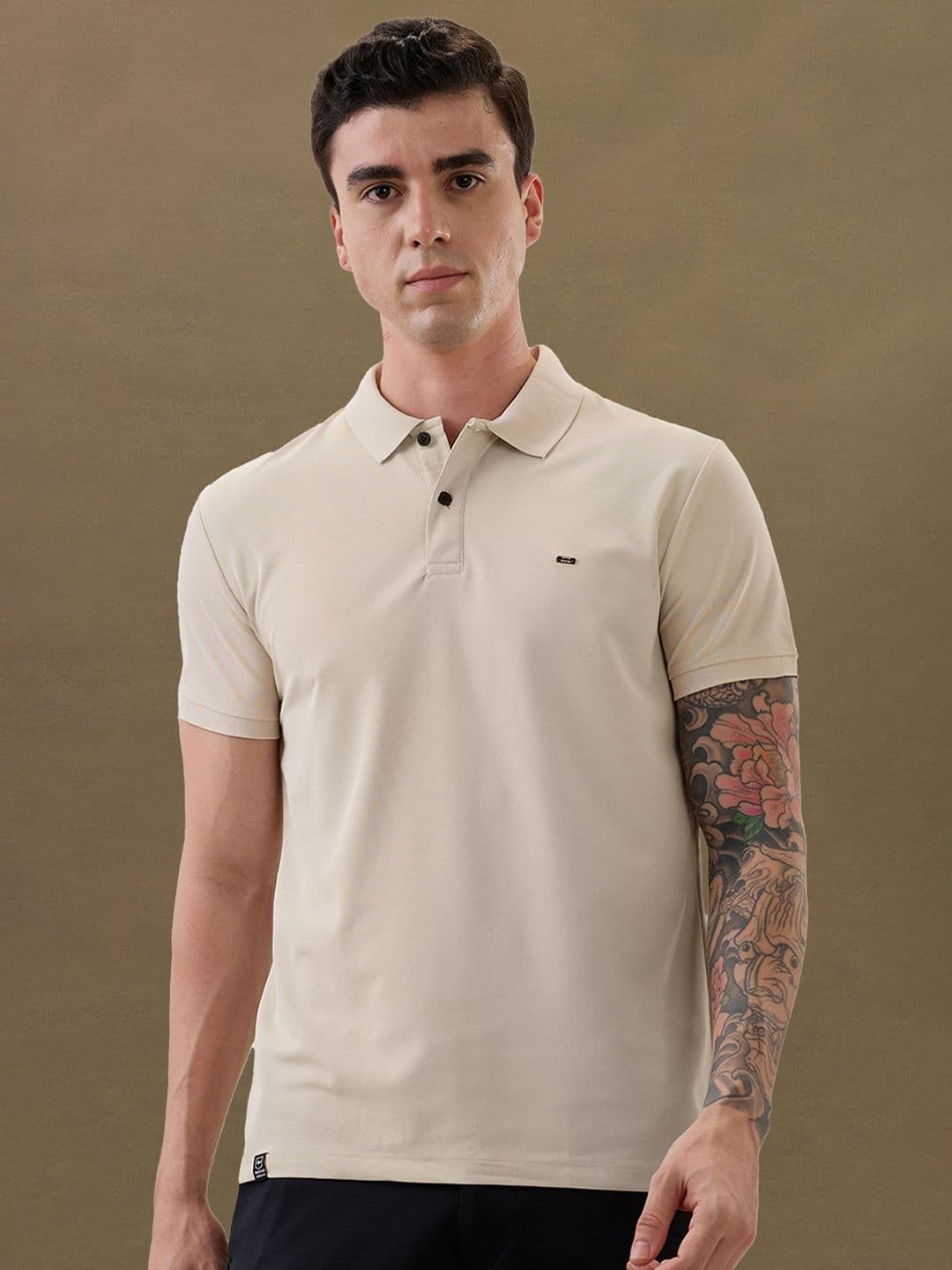 Nostrum Cherry Half Sleeve Beige Plain Polo T-shirt - view 1