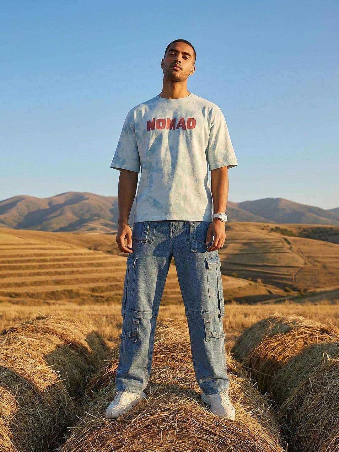 The Roadster Life Co. Oversized Fit Dyed Effect Typography Printed Pure Cotton T-shirt - view 1