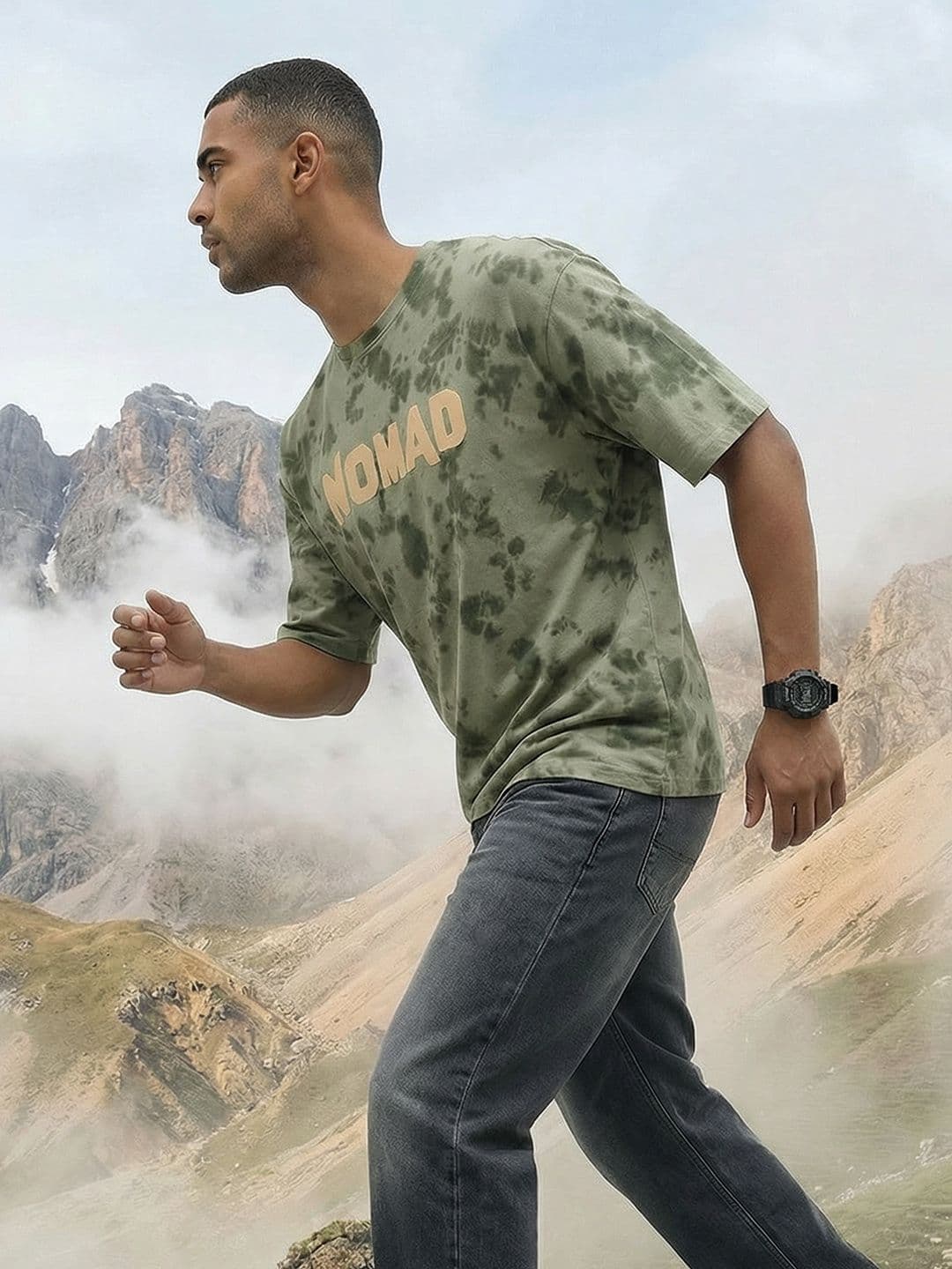 The Roadster Life Co. Relaxed Fit Dyed Effect Typography Printed Pure Cotton T-shirt - view 1
