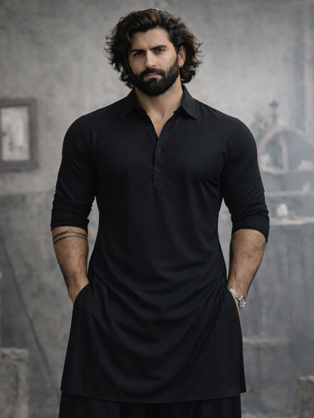 VASTRAMAY Men Satin Blend Pathani Kurta - view 1