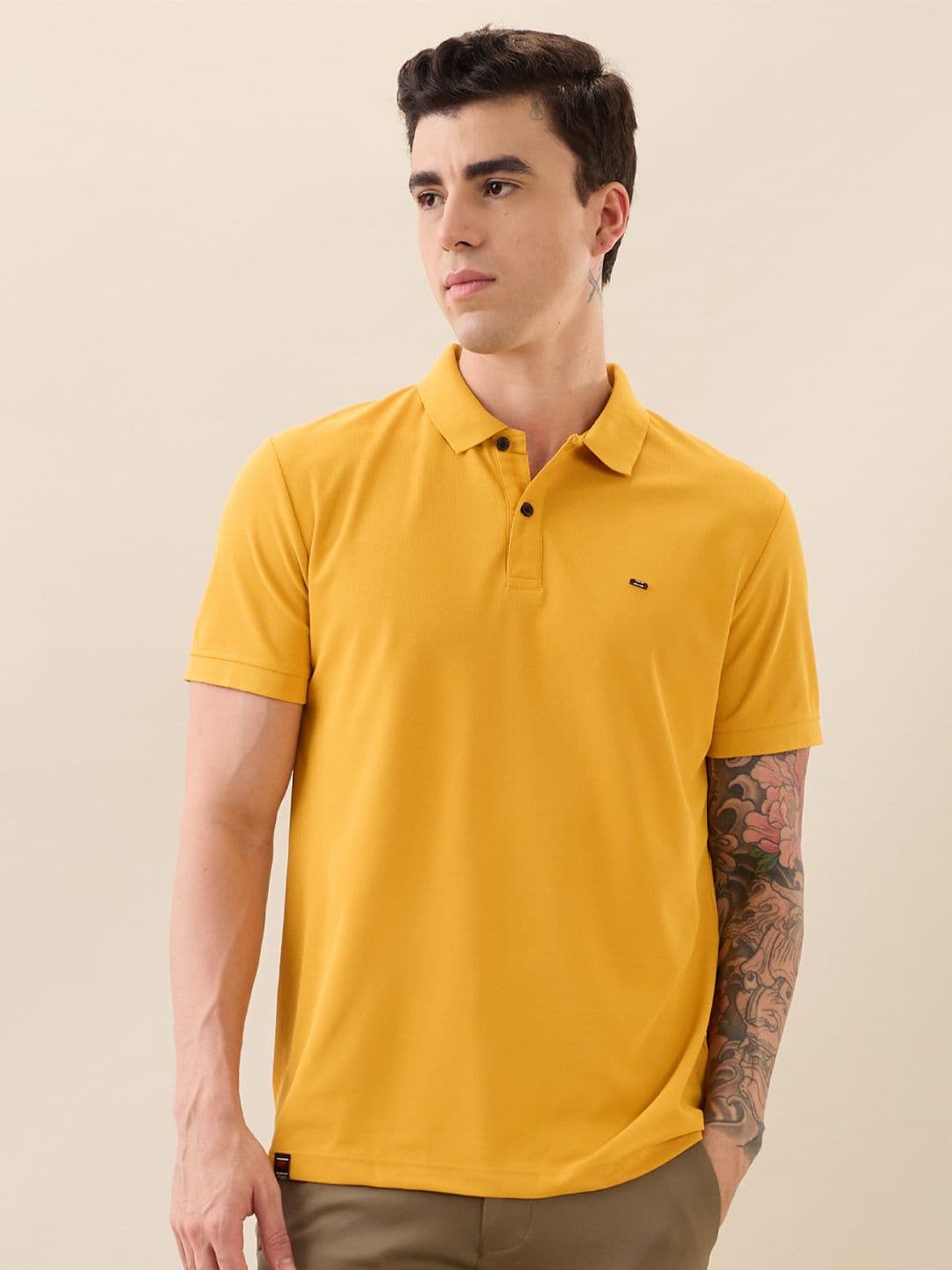 Nostrum Cherry Half Sleeve Mustard Plain Polo T-shirt - view 1