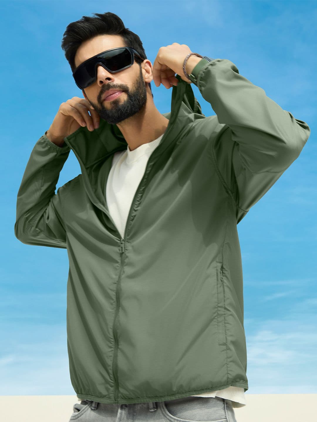 XYXX Men's Solid Ozone Uv Protection Polyester Quick Dry Sage Green Hooded Parka Jacket - view 1