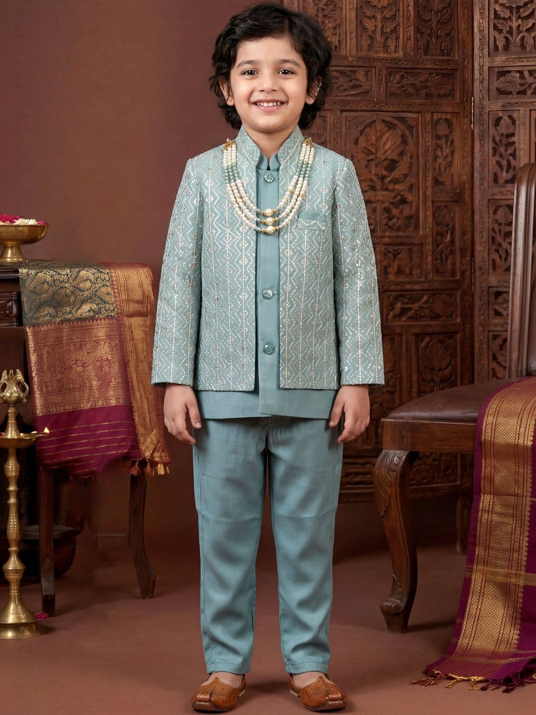 Sangria Boys Chevron Sequined Sherwani Set With Jacket & Necklace - view 1