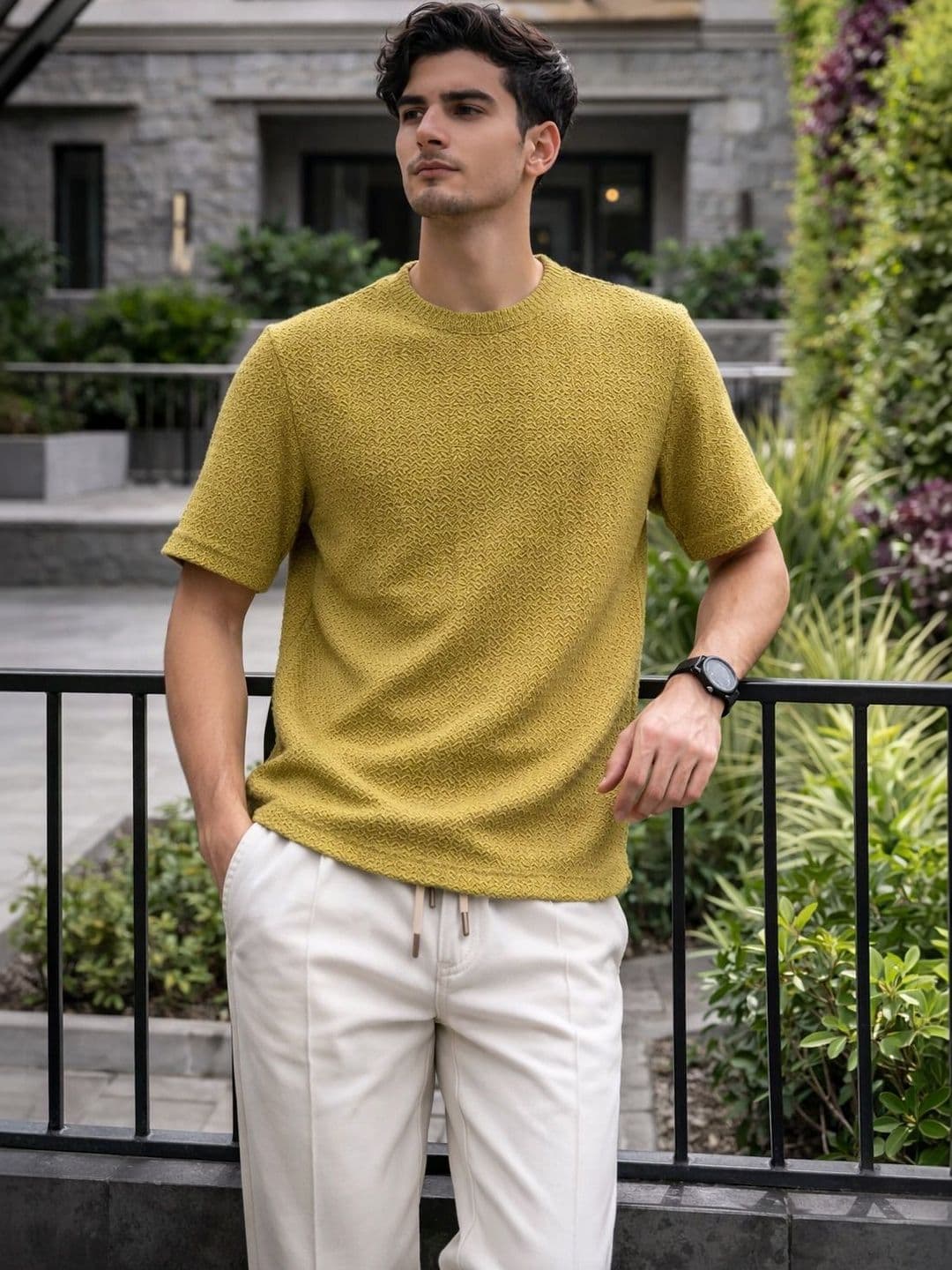 HERE&NOW Men Self Design Round Neck Regular Fit T-shirt - view 1