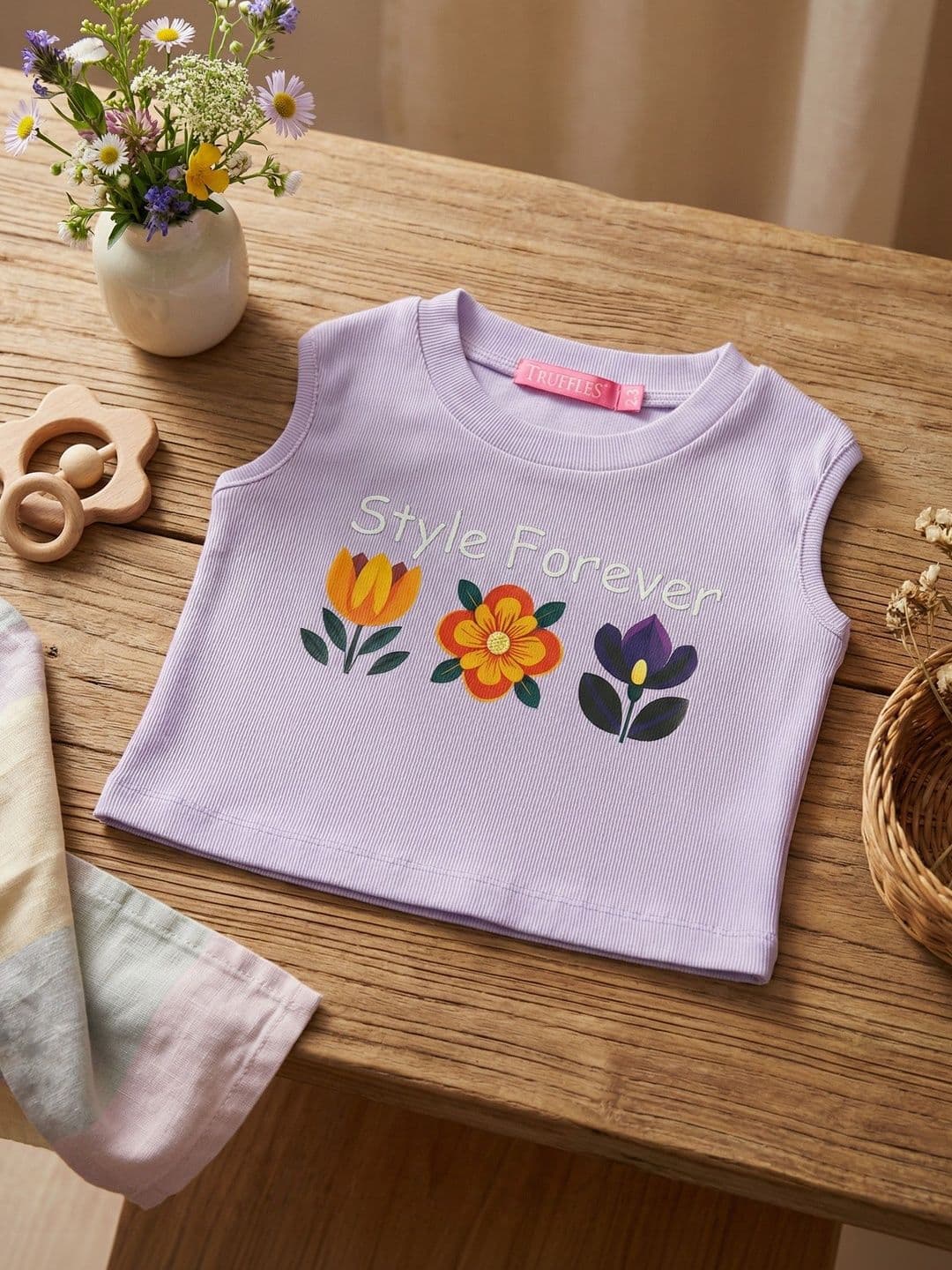 TRUFFLES Girls Lilac 'little' Bunny Graphic Print Ribbed Crop Tops - view 1