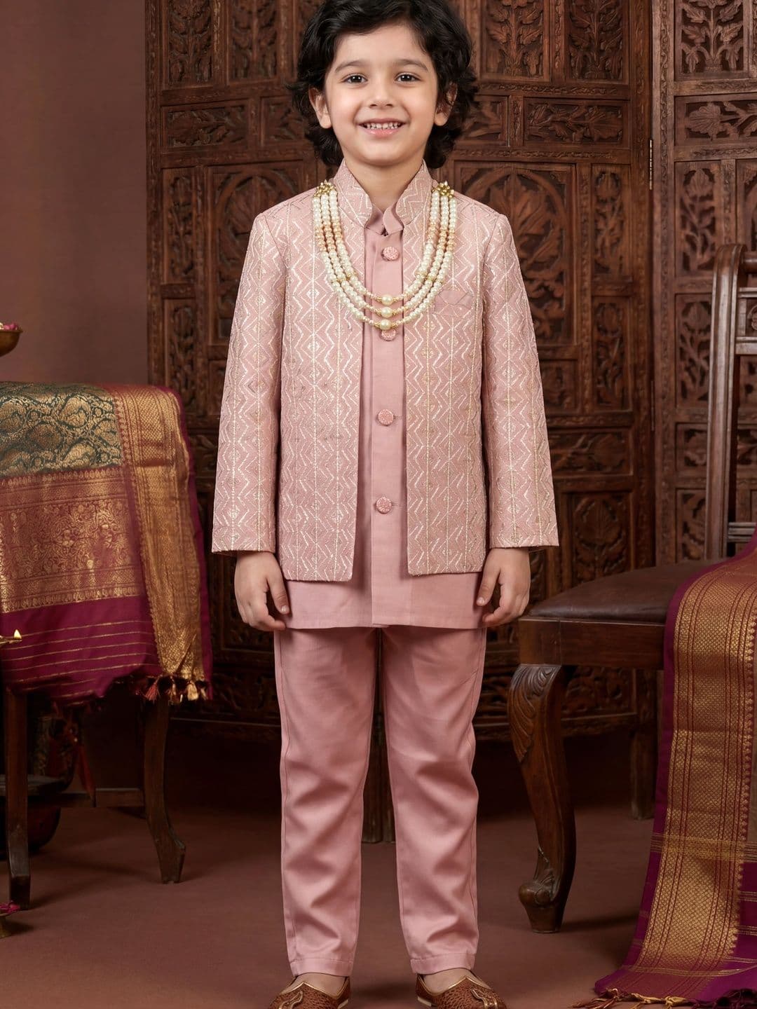 Sangria Boys Chevron Sequined Sherwani Set With Jacket & Necklace - view 1