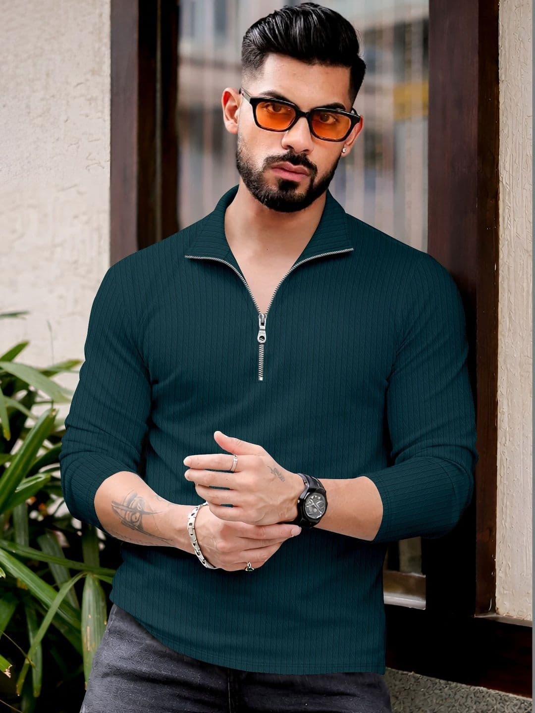 MODALEN Men Textured Polo Zip Neck Collar Tshirts - view 1