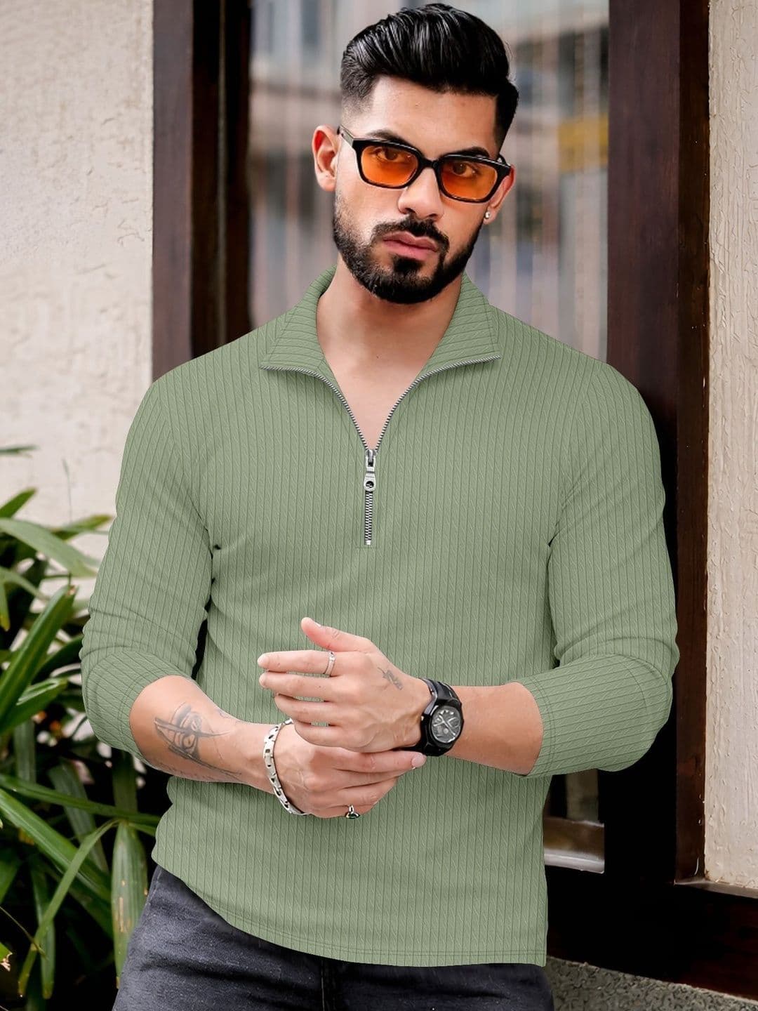 MODALEN Men Textured Polo Zip Neck Collar Tshirts - view 1