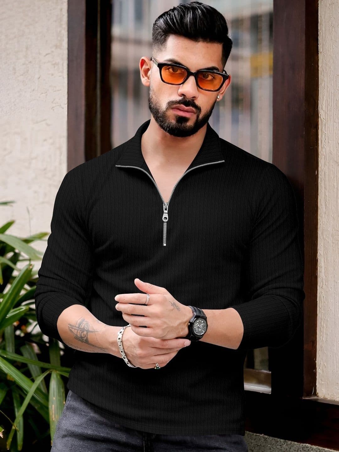 MODALEN Men Textured Polo Zip Neck Collar Tshirts - view 1