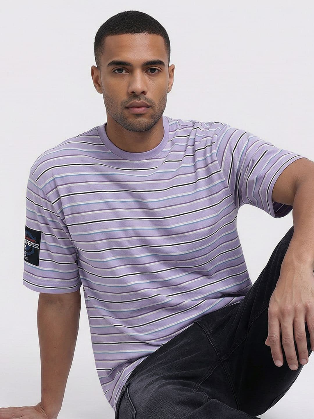 The Roadster Life Co. Horizontal Striped Applique Detail Drop-Sleeves Relaxed T-shirt - view 1