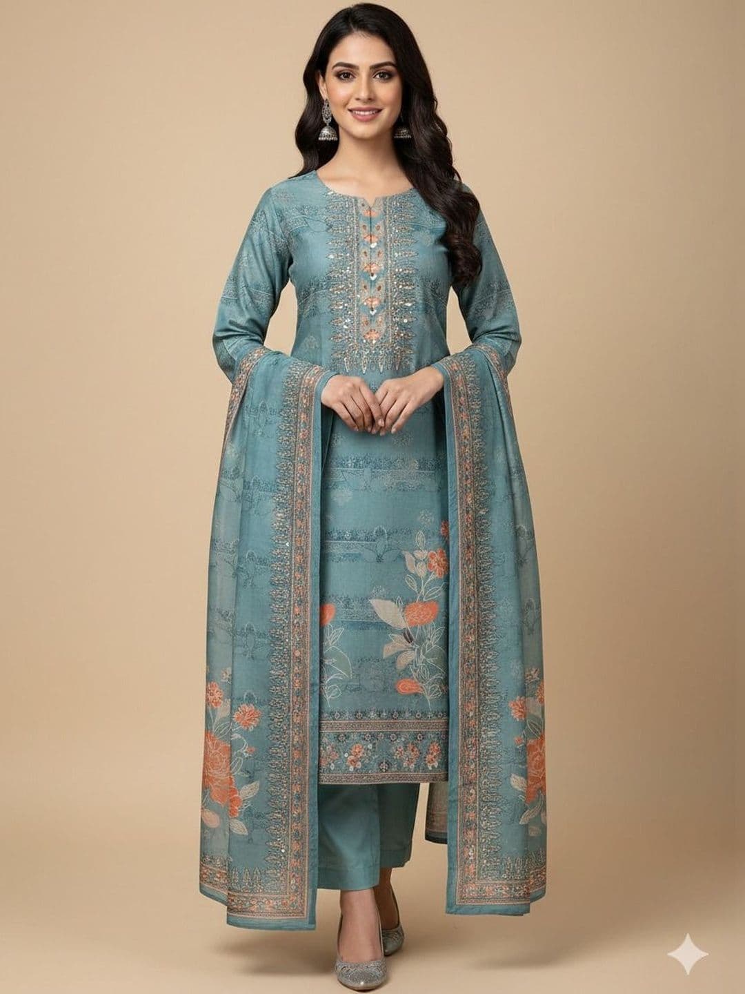 SOURAGYA Women Floral Printed Regular Sequinned Kurta with Trousers & With Dupatta - view 1