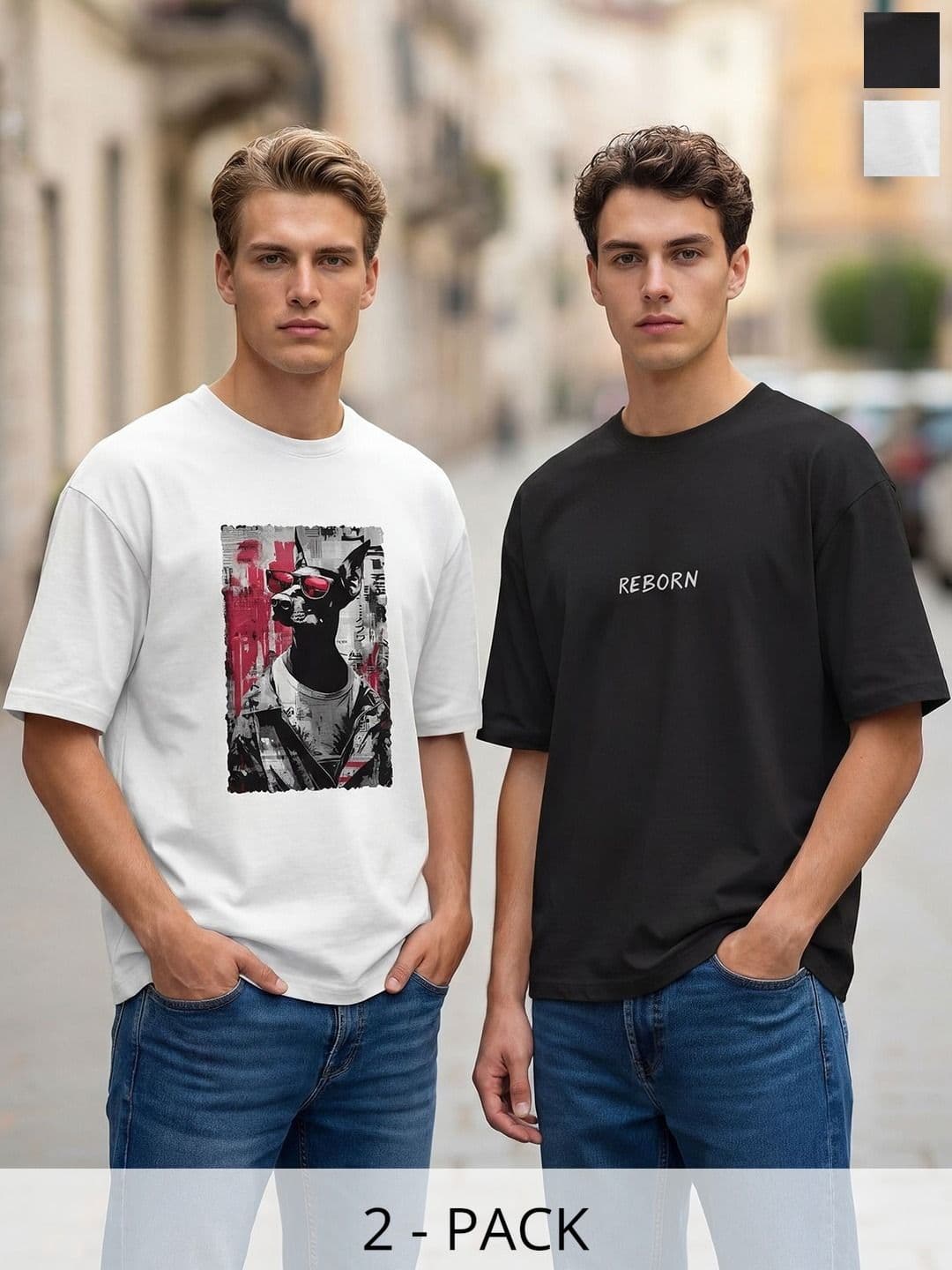BULLMER Pack Of 2 Typography Printed Round Neck Oversized T-shirts - view 1