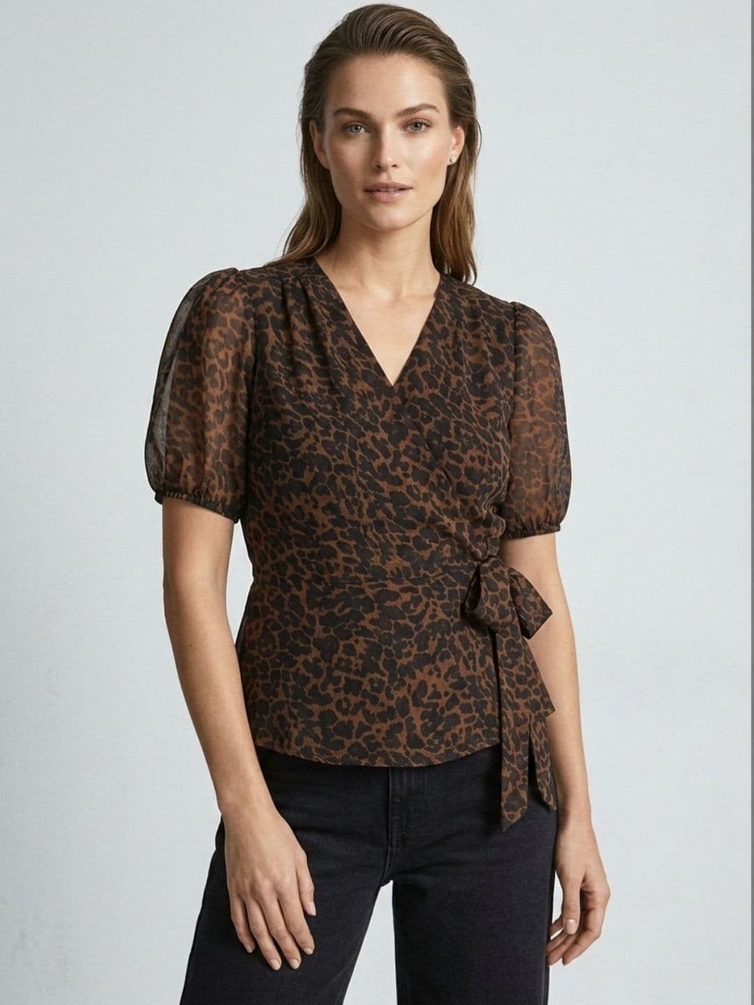 ANVI Be Yourself Animal Print Puff Sleeve Chiffon Wrap Top - view 1