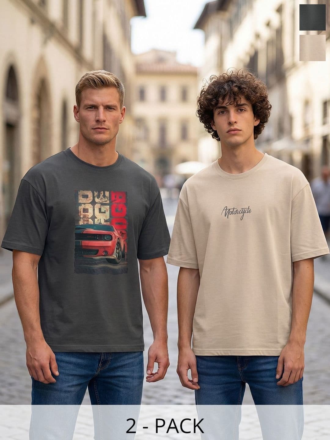 BULLMER Pack Of 2 Typography Printed Drop-Shoulder Sleeves Oversized T-shirts - view 1